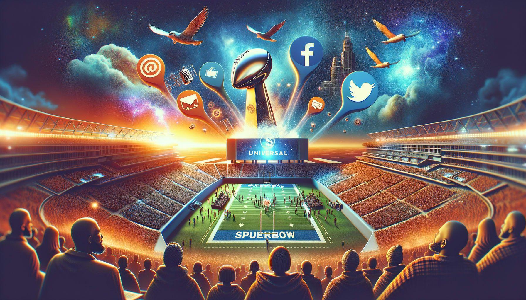 Generate an image for an article with title: 'Pop Star's Superbowl Sojourn, Social Media Turmoil, and Turbulent Transits' and description: An overview of a renowned female pop star's Superbowl appearance, Universal Music's social media battle, and the star's privacy controversy. The image should be in a 16:9 ratio with 1792 pixels. The image could illustrate a stadium scene indicative of the Superbowl, a depiction of social media icons depicting the 'battle', and an overarching theme of privacy concerns.