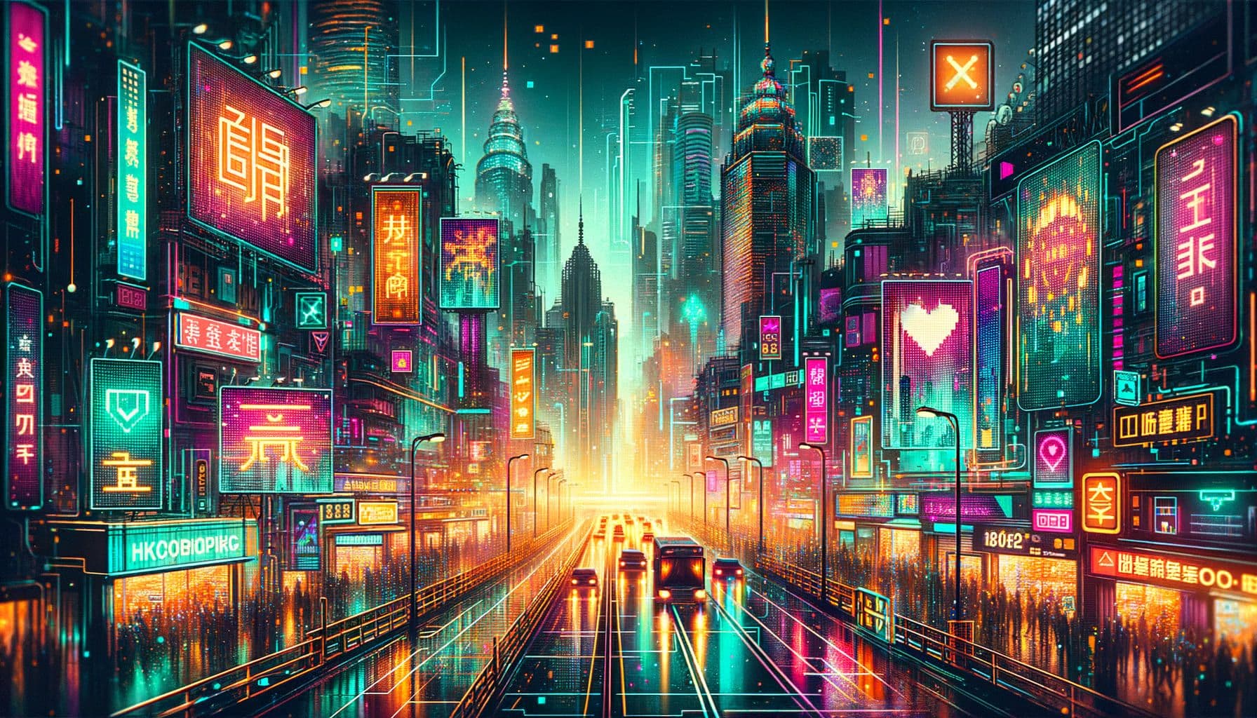 Create a 16:9 ratio image, with a resolution of 1792 pixels, featuring a city scene bathed in the vibrant and futuristic aesthetics of Hyperpop culture. The cityscape should be alive with the energy of summer, filled with elements that suggest the influence of Hyperpop music, including abstract symbols, neon colors, and digital textures. Billboards and shops in the scene should hint at the popular tracks of the season. The atmosphere should be shimmering, evoking the electronic, high-energy vibe of Hyperpop music.