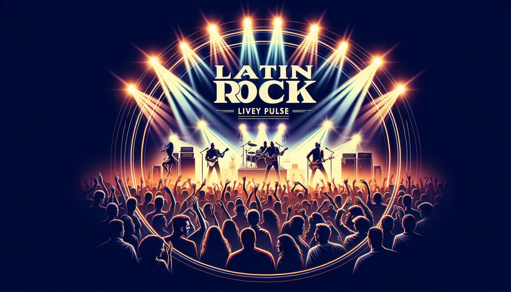 Design a cover image for an online article about Latin rock music. The centerpiece should be a live performance stage under bright spotlights. Show a diverse band in the middle of an electrifying performance, showcasing their energy and passion. Include a large audience, visibly engaged and lost in the rhythm of the music. Imprint the title, 'Latin Rock's Lively Pulse' prominently at the top. The overall aesthetic should evoke a sense of fresh sounds and legendary comebacks. Maintain a 16:9 aspect ratio and a resolution of 1792 pixels.