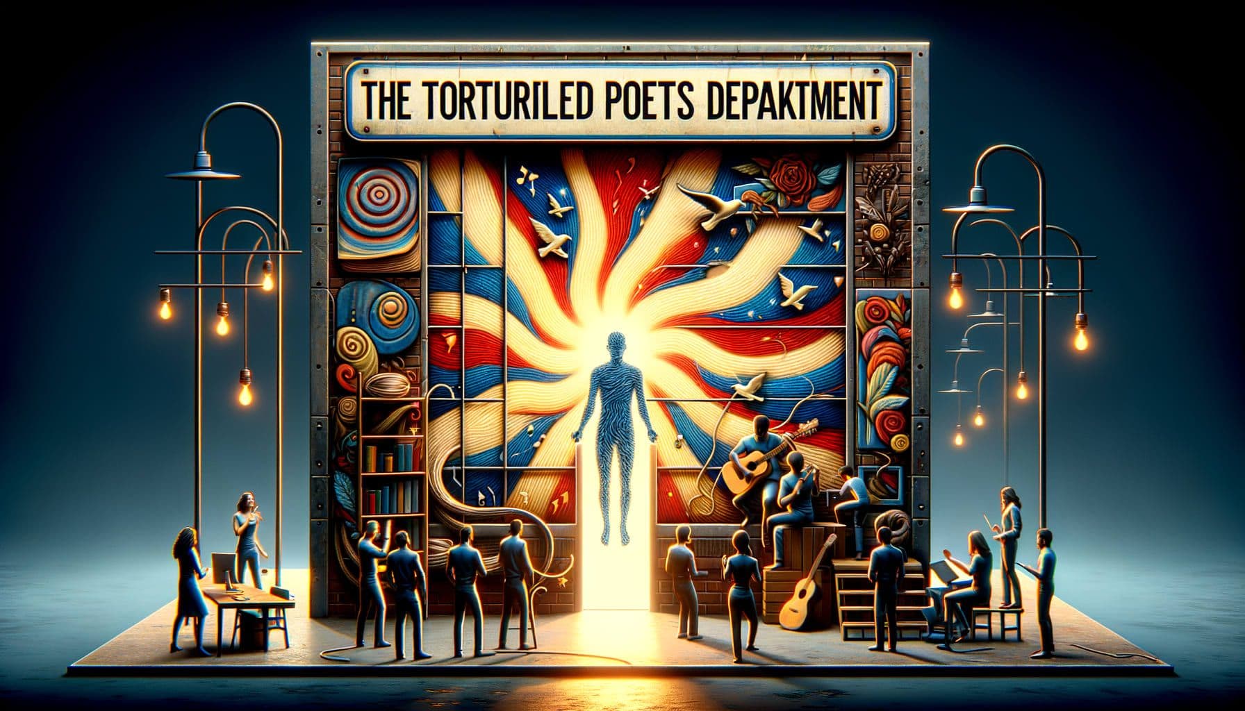 An image for an article titled 'Swift's Poetic Reawakening'. The setting is a place called 'The Tortured Poets Department', symbolizing a new era. This department is a figurative place filled with various artistic and creative elements that evoke strong emotion and reflect the struggle of creativity. A figure representing a talented singer-songwriter is central, coming back with a burst of creative energy. The image is designed in a 16:9 ratio with a resolution of 1792 pixels.