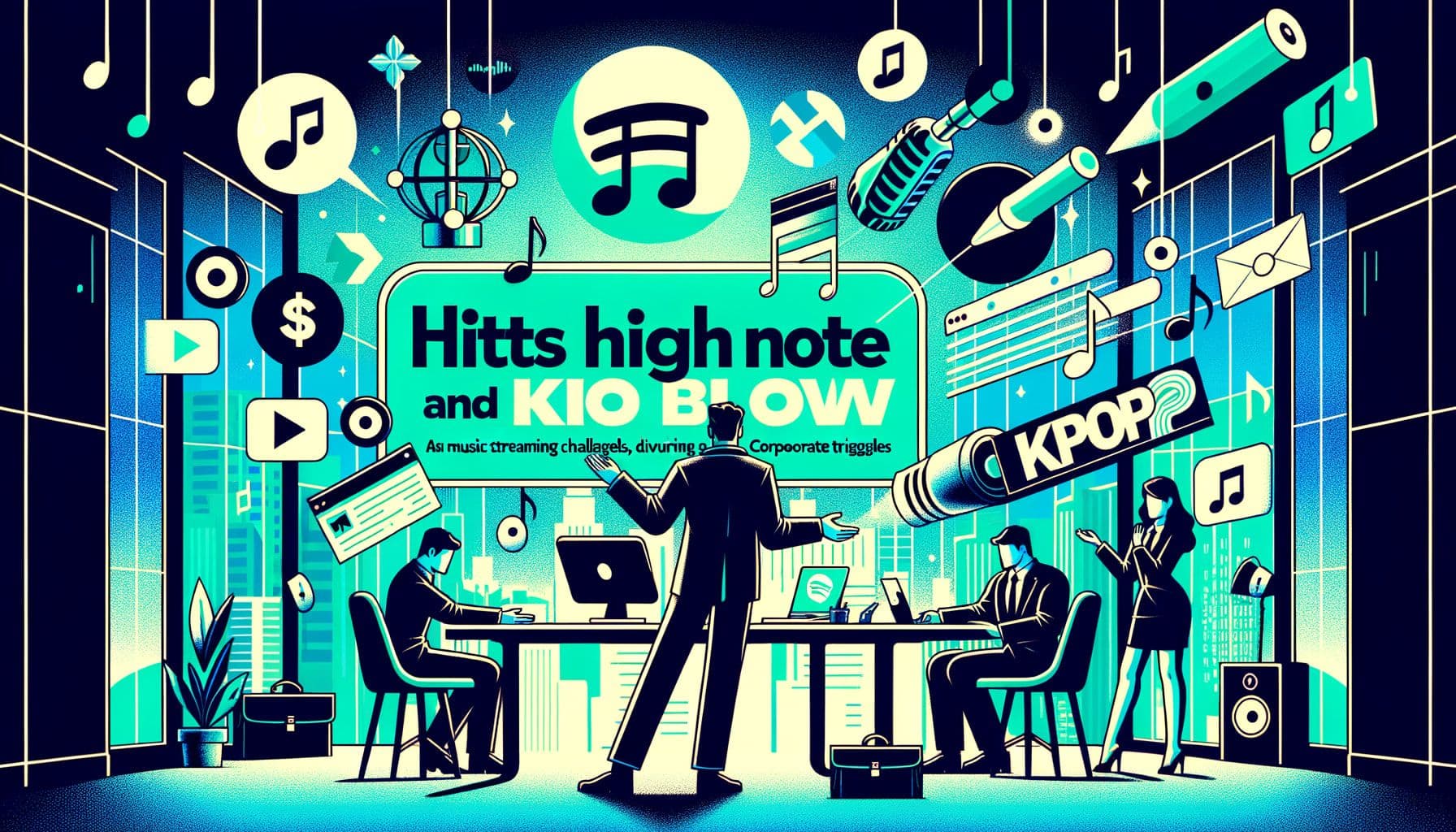 Design an image for an online article titled 'SpotifyHitsHighNoteAndLowBlow'. The image should convey the story of a music streaming service navigating copyright challenges and venturing into the Kpop genre while dealing with corporate struggles. The image should highlight different aspects of music streaming, Kpop culture, and corporate issues visually, without revealing specific brand identities. Format the image in a 16:9 ratio, and ensure it is high quality with a resolution of 1792 pixels.