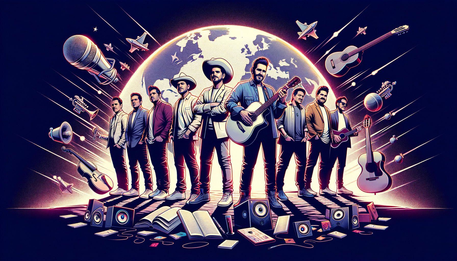 Create an image for an article about a popular music group named Grupo Frontera. The image should reflect the group's meteoric rise in the music scene, their collaborations with well-known figures in the music industry, their songs featuring in playlists popular among star athletes, and their performances at notable events. The image should be in a 16:9 ratio and 1792 pixels wide.