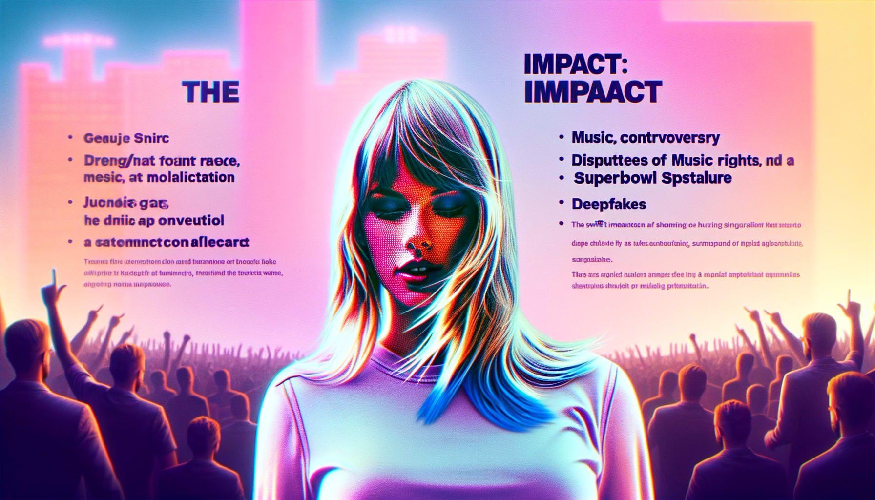 Create an image for an article about a notable female singer. The title of the article is 'The Swift Impact: Music, Controversy, and a Superbowl Spectacle'. The description suggests that the female artist has dealt with issues of deepfake manipulation, disputes over music rights on a popular video-sharing app, and participation in a significant sporting event finale. Format the image in a 16:9 ratio with a resolution of 1792 pixels.