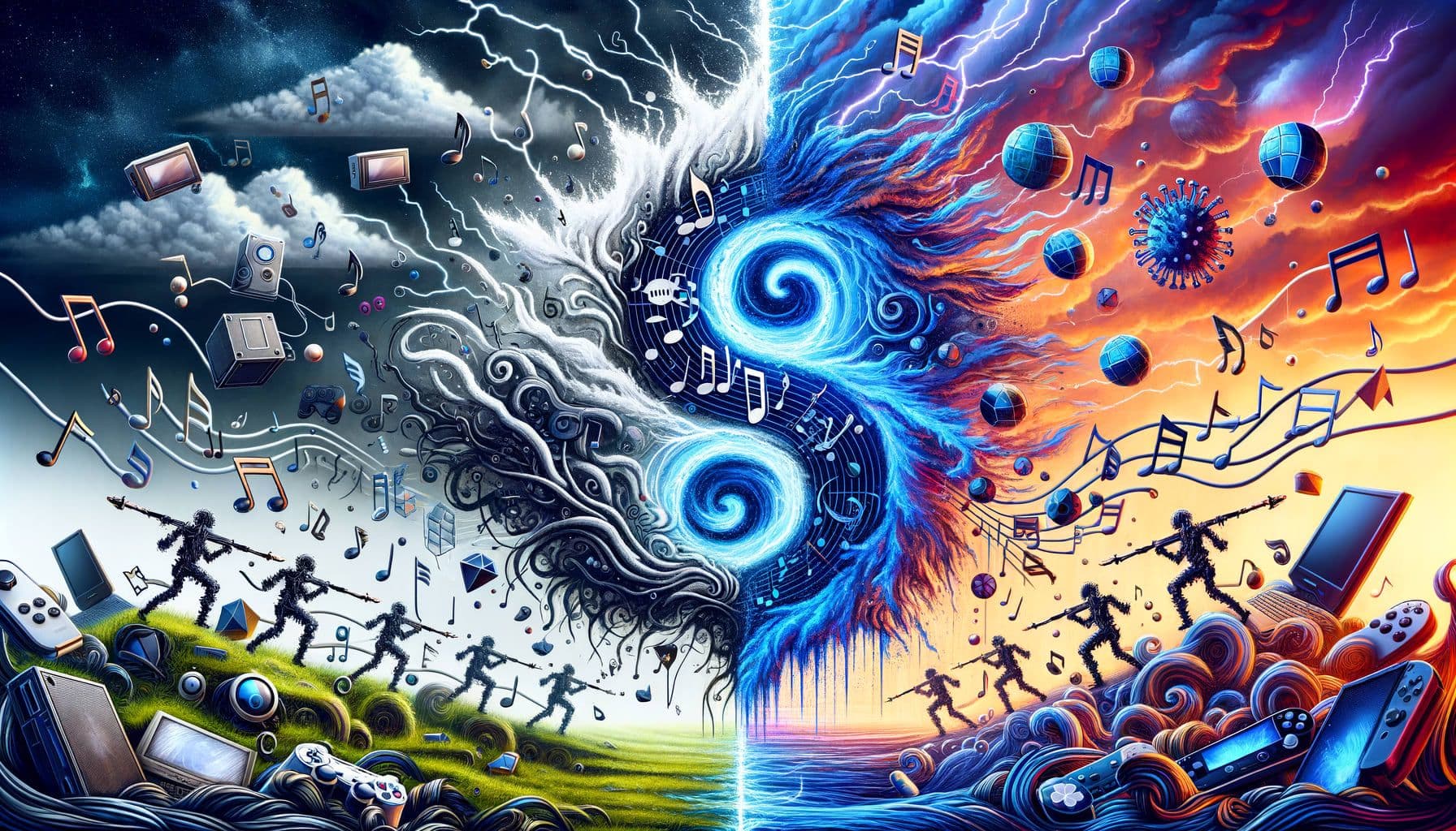 Generate an abstract image illustrating the transformative changes in the world of video game music. The image includes elements such as musical notes intertwined with gaming consoles and gaming characters, representing the fusion of video games and music. In the backdrop, show a storm representing strikes over AI on one side balanced with a calmer scene symbolizing new deals on the other. Overlay the title: 'Strikes and Deals The Video Game Music Saga' at the top. Ensure the dimensions to be in 16:9 ratio with 1792 pixels width.