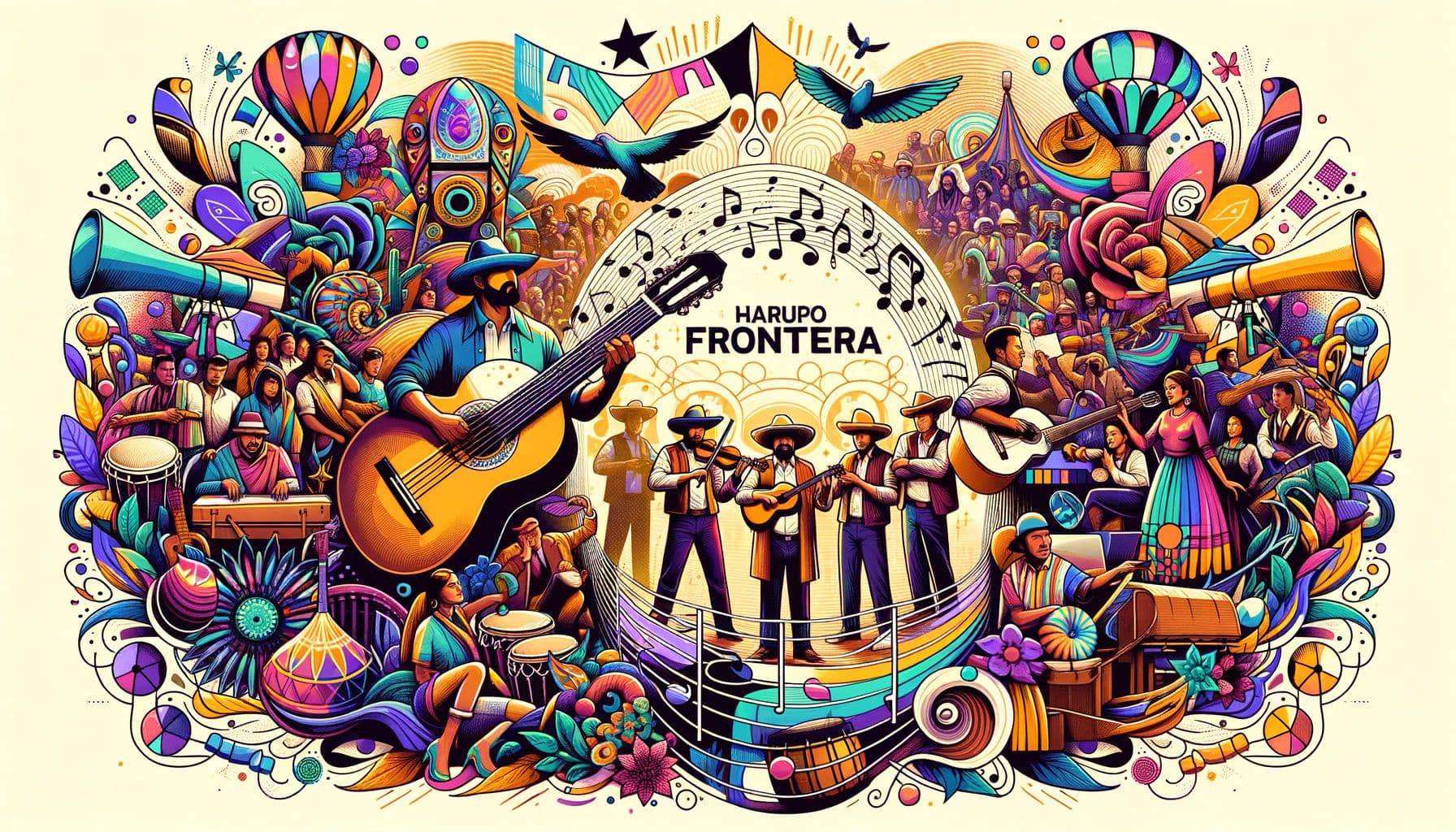 Create a 16:9 ratio image with 1792 pixels wide for an article titled 'HarmonyAtTheFrontera'. The image should visually represent the phenomenon of Grupo Frontera, a vibrant cultural community. Depict elements of music, unity, and multicultural influence to illustrate the essence of this group.