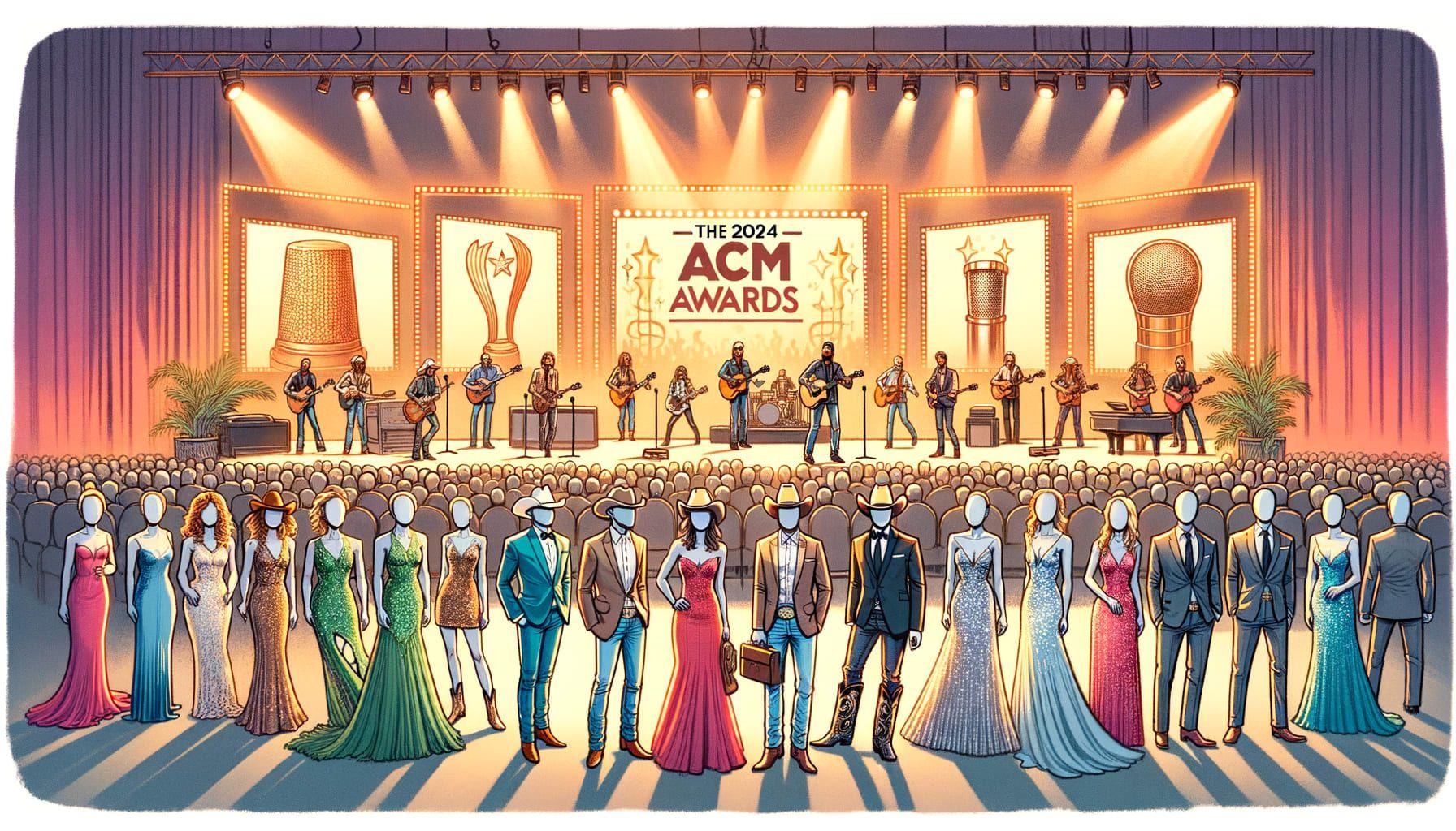 Depict the scene of an awards ceremony with the title descriptively written: 'Boots, Beats, and Beauty Missteps at the 2024 ACM Awards'. Distribute an array of country musicians in elegant attire with varying styles, encompassing both tasteful and questionable fashion choices. Include an emphasis on elements like cowboy boots and music beats, juxtaposed with beauty mishaps. On one section of the image, illustrate symbolic representations of different award categories and the celebration of winning. Maintain a 16:9 aspect ratio and a resolution of 1792 pixels.