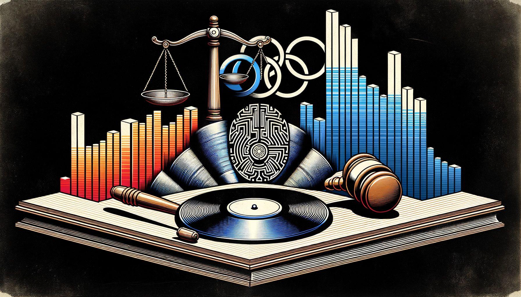 A detailed representation image for a Hip hop music article titled: 'Beats, Bars, and Legal Bars'. The image shows abstract symbols for the concept of courtrooms, the Olympics, and the cultural evolution of hip-hop. The courtroom should be represented by a gavel and scales of justice; the Olympics by the five rings, and hip-hop evolution by vinyl records gradually transitioning into digital spectrums. The image is constructed in a 16:9 ratio and measures a size of 1792 pixels.