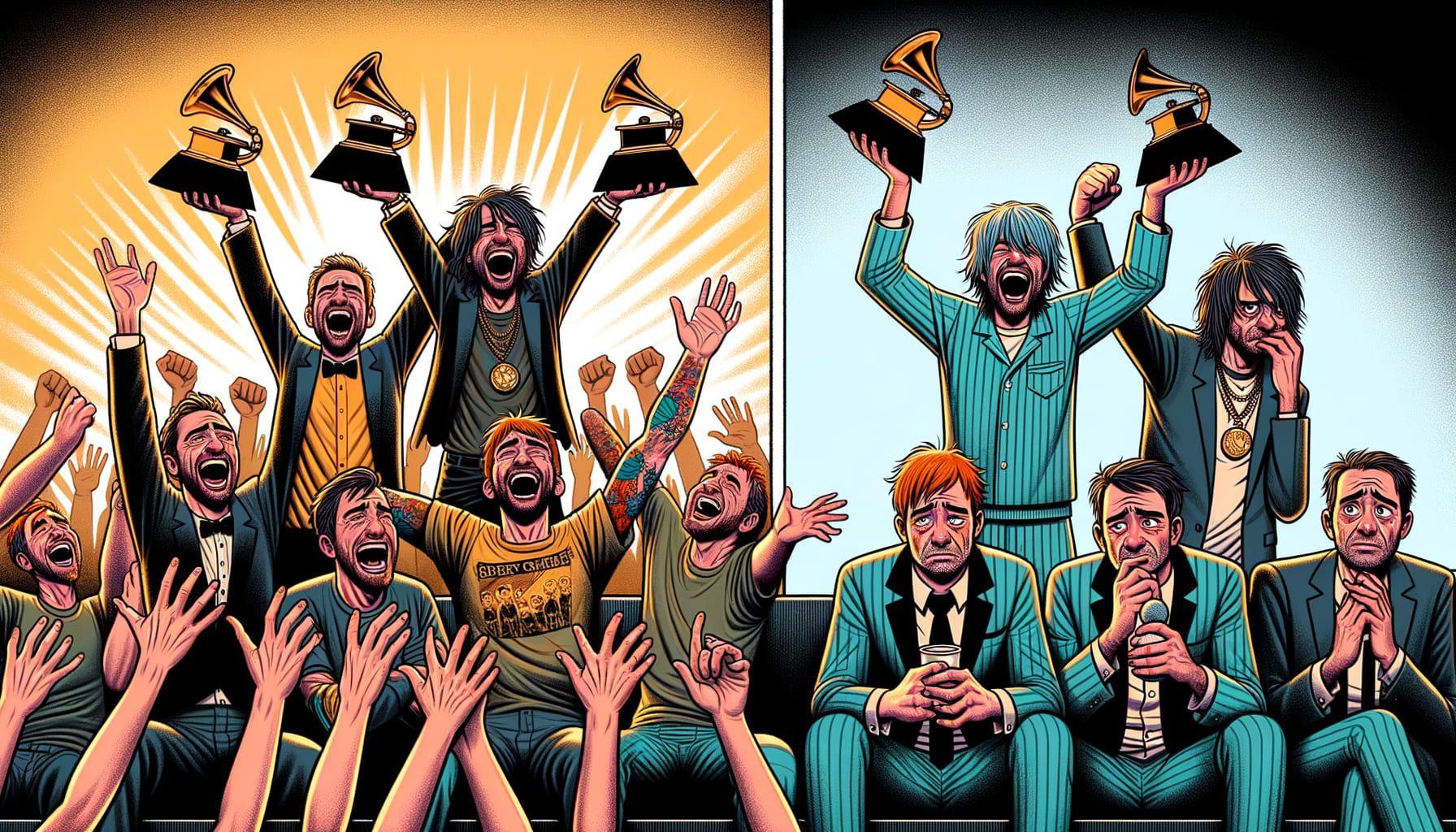 An illustration capturing the ups and downs of the alternative rock music scene. The image portrays ecstatic alternative rock band members celebrating their Grammy wins, their hands clutching golden awards as they smile and cheer. Adjacent to the joyous scene, a contrasting image of the same band members wearing expressions of melancholy and confusion as they announce a sudden hiatus. The image should be created in a 16:9 ratio with a width of 1792 pixels.