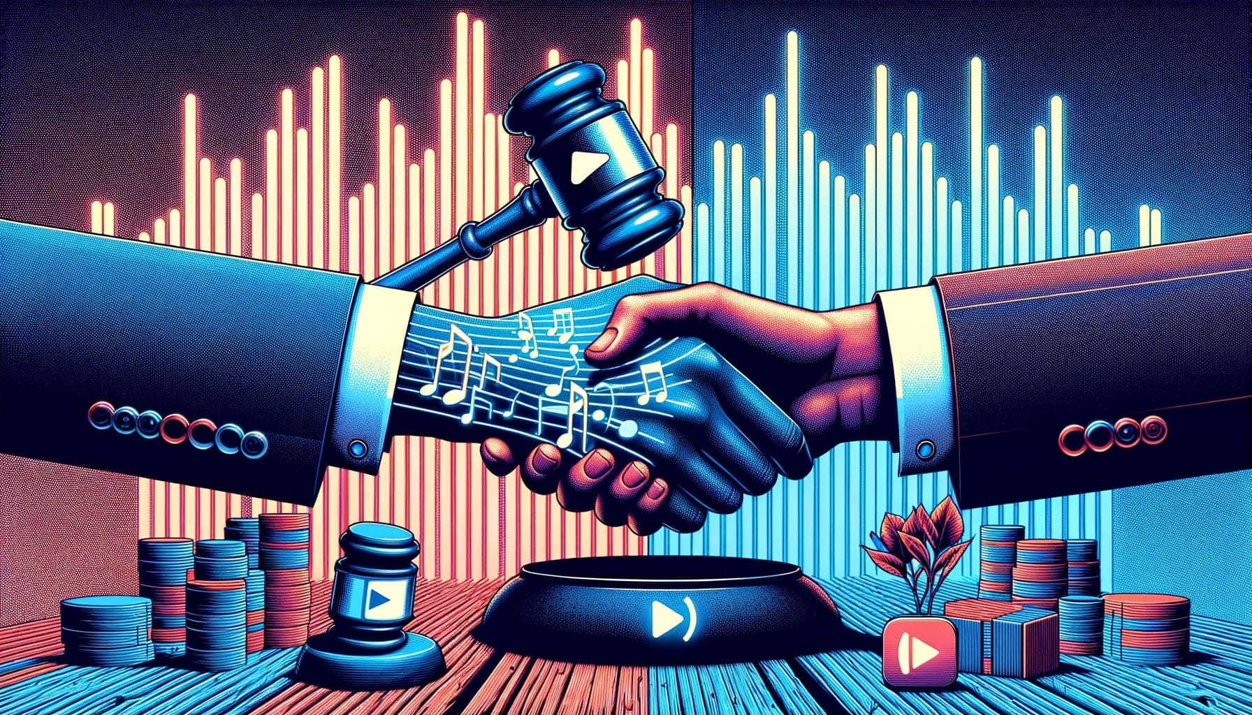 Illustrate a 16:9 ratio image with 1792 pixels for a music-related legal article titled 'The Beat Goes to Court'. The main theme is a contrast between legal conflict and potential partnerships. On the left, represent major music companies initiating legal proceedings, symbolized by a gavel on a sound wave background. The right side should depict the digital platform, represented by a play button, extending a handshake indicating a potential partnership. Please keep the art futuristic and modern without any specific logos or brand names.