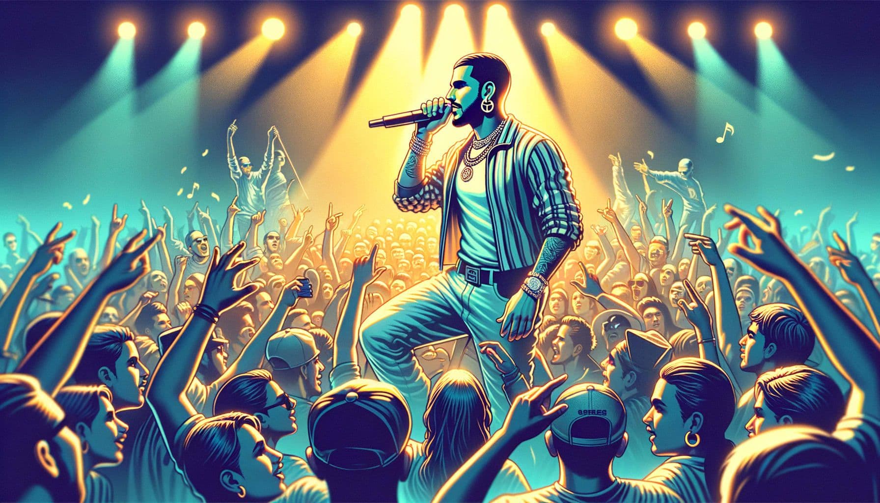 Generate an image for an article about a popular reggaeton artist who has had a significant impact on the music scene. Focus on his latest hits, collaborations, and his surprising role in nurturing new talent in the music industry. Ensure the image is in 16:9 ratio and has 1792 pixels. The illustration should capture the atmosphere of the reggaeton genre, the artist's powerful presence on stage, the charged and dynamic music scene around him, and subtle elements hinting at his mentorship of upcoming talent.