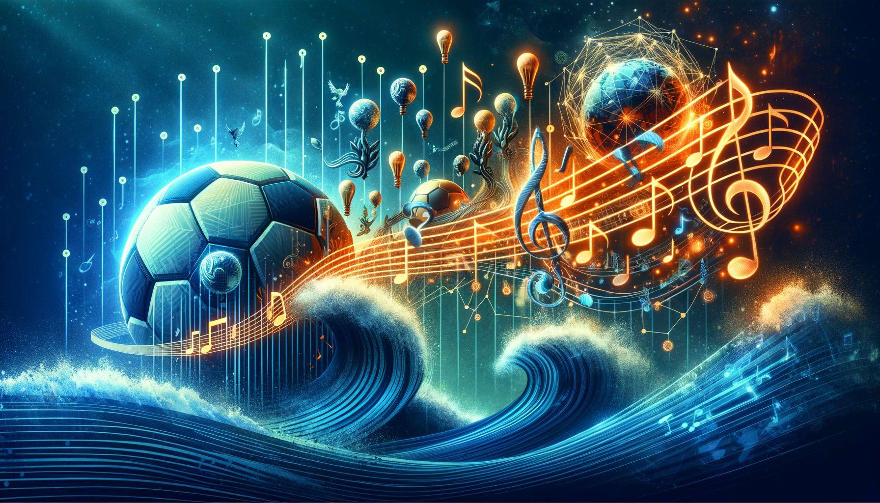 A digital illustration in 16:9 ratio and 1792 pixels, representing the phenomenal rise of Grupo Frontera in the international music scene. The image should feature symbolic elements such as musical notes symbolizing their prestigious awards, a wave showing their ascending popularity, and symbols of global collaboration like shaking hands or connected dots over a world map. Also, include abstract representation of their influence on football with a soccer ball or a stadium. The overall tone should be vibrant and energetic, capturing the dynamic spirit of the group's music and its global impact.