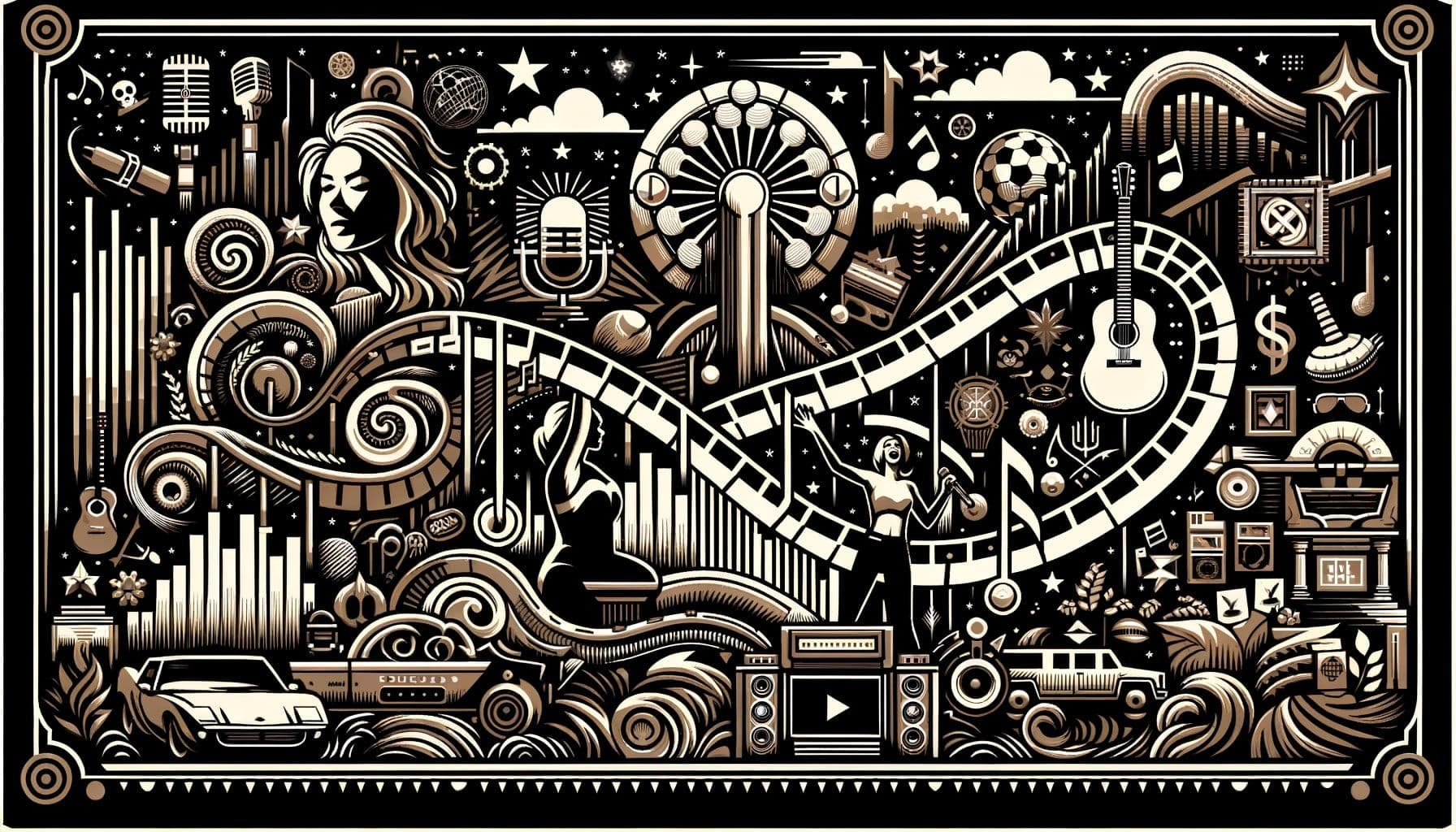 Create an image in a 16:9 ratio with 1792 pixels of a stylized landscape representing a rollercoaster journey through the musical and gaming world. The visual elements should include symbols of country music, a silhouette of a female singer reminiscent of a famous modern pop star, an icon symbolizing late 20th-century folk music, symbols hinting towards grand animated universes known to be created by entertainment giants, and abstract elements indicating legal issues and controversy in the world of music. For the title, depict the phrase 'Rocking the Entertainment: From Country Roots to a New Gaming Universe'.