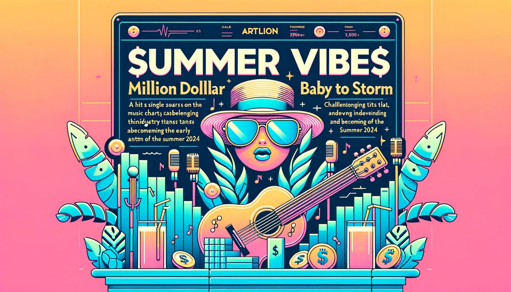 Create a 16:9 ratio image with a resolution of 1792 pixels displaying a summer themed graphical representation for an article. The article title is 'Summer Vibes Million Dollar Baby Takes the Charts by Storm'. The description of the article is about a hit single song 'Million Dollar Baby' that soars on the music charts, challenging industry titans and becoming the early anthem of the summer 2024.