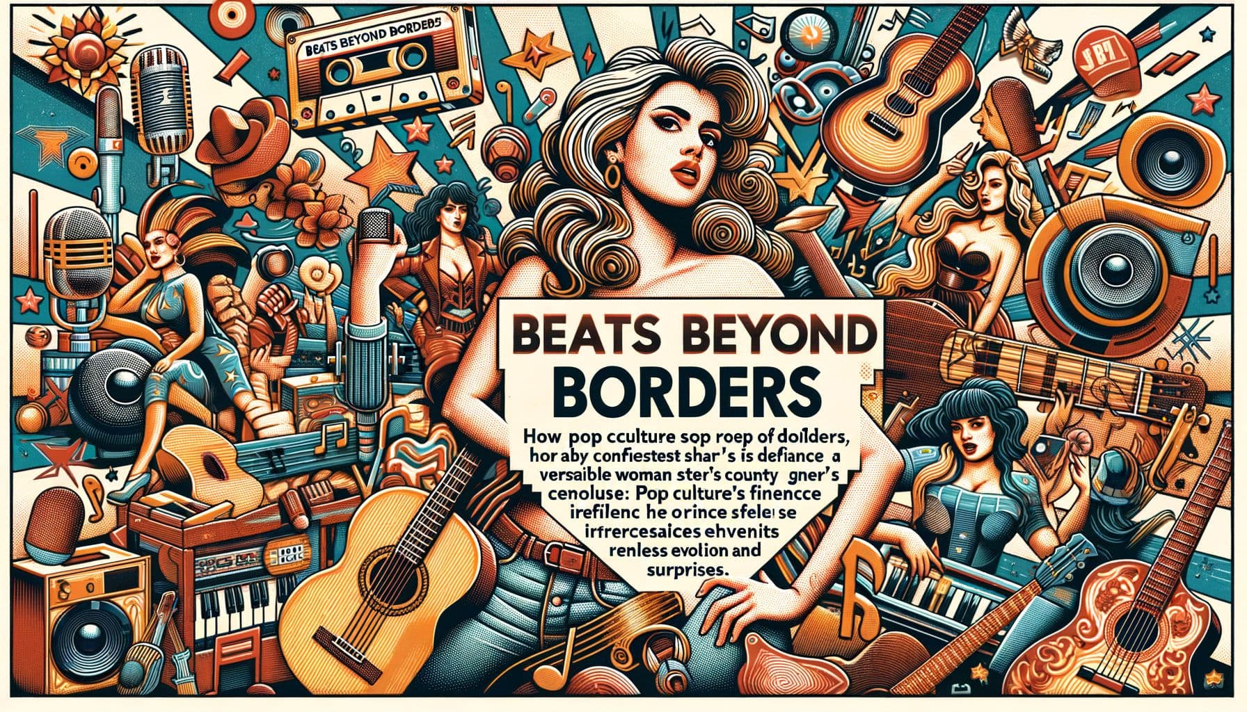 Create an image in 16:9 ratio with 1792 pixels for an article about Pop music. The title is 'Beats Beyond Borders: How Pop Culture Refuses to Stay in Its Lane'. The description is 'From a confident woman pop star's defiance to a versatile woman singer's country twist, pop culture's influence shapes and surprises, proving its relentless evolution and impact.'. The image should depict the influence of pop culture, with elements of music and cultural evolution. It should also contain some surprise elements to hint at the relentless evolution and surprise factor of pop culture.