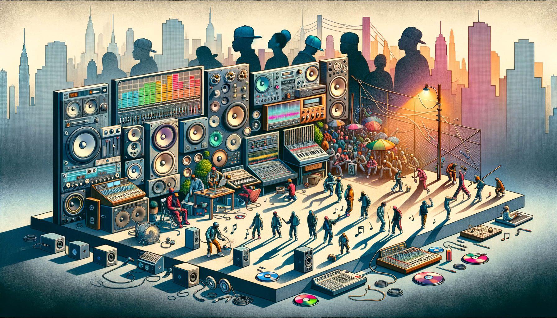 Create a 16:9 ratio panoramic image that is 1792 pixels wide, representing today's hip-hop scene. The image should showcase an eclectic hip-hop landscape filled with various sound equipment, digital audio workstations, and music production elements. Additionally, include shadow silhouettes of unidentified individuals symbolizing the initiators, innovators, and influencers of hip-hop culture, performing different activities related to music production and performance. The scene should also include graffiti art, turntables, microphones, and iconic hip-hop fashion elements in the background. Remember to include the title: 'The Eclectic Beat: Unpicking the Threads of Today's Hip-Hop Scene'.