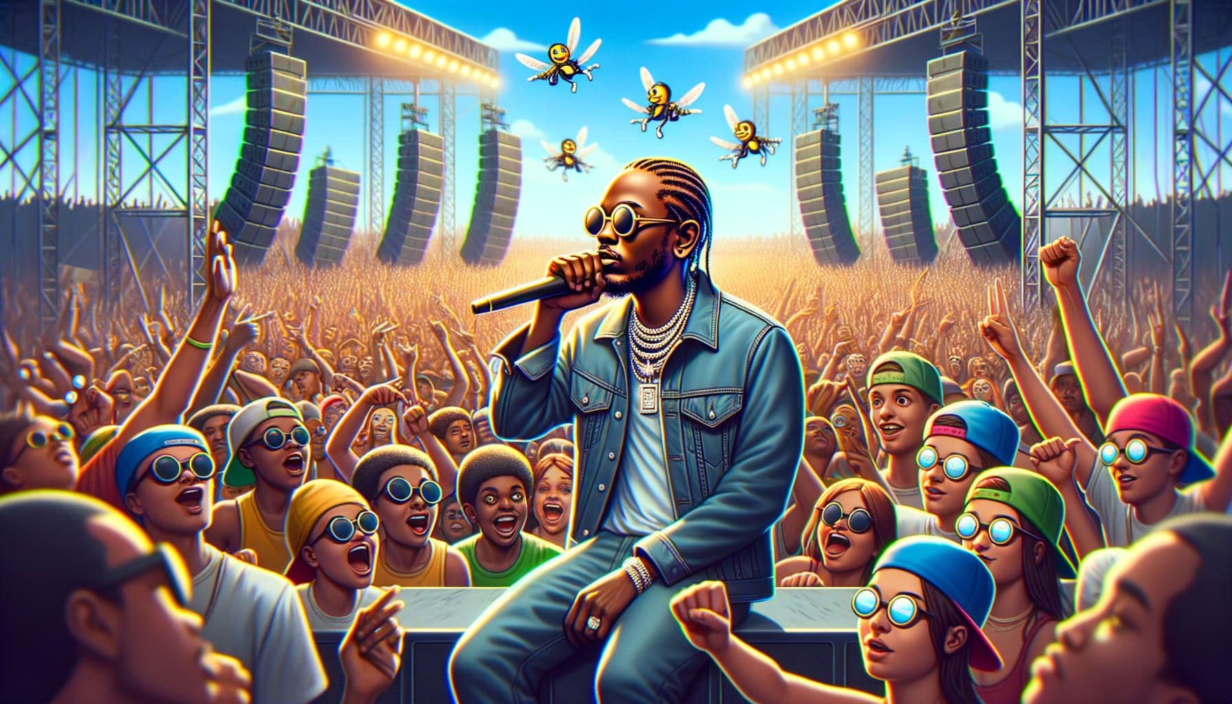 An image capturing the mood of a vibrant summer concert headed by a prominent African American hip-hop artist, not Kendrick Lamar but a similar figure in style and charisma. The scene is intertwined with elements of meme culture, indicating a prevalent summer vibe. Implied are hints of forthcoming music and friendly rivalries. Overall, a blend of real-life performances and online culture all rendered in a 16:9 ratio with 1792 pixels.