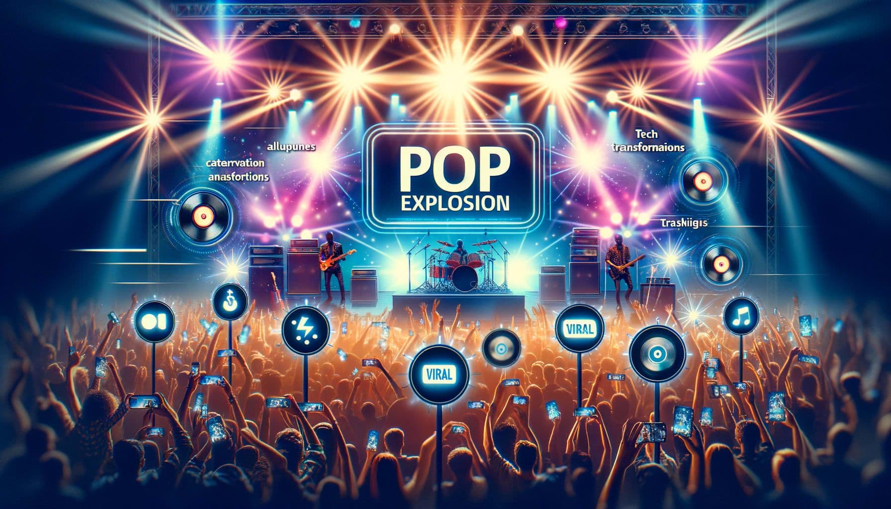 Display an image of an electric atmosphere at a pop music concert, symbolizing the heat on the music scene, along with corresponding attributes of the genre: colorful spotlights, enthusiastic audience, and instruments on stage. The title 'PopExplosion' should dominate the image. Add references to viral trends, such as people capturing moments with their smartphones, vinyl records symbolizing album releases, and a futuristic display indicating tech transformations. Ensure the image fits a 16:9 ratio with a resolution of 1792 pixels.