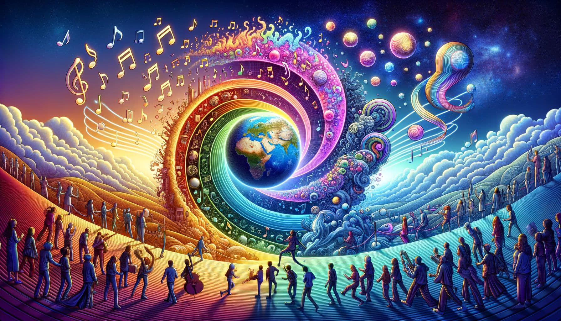 Create a detailed landscape representing the evolution of pop music depicted through symbolic elements. On the left, visualize music notes flowing into a swirl of K-pop inspired colors and styles to depict the popularity of K-pop. In the middle, illustrate a futuristic-looking artificial intelligence with musical notes around it to showcase the role of AI in pop music. On the right, portray people from various racial backgrounds unified around a large, glowing globe, symbolizing the global social revival through pop music. Remember to present this panoramic representation in a 16:9 ratio with 1792 pixels.