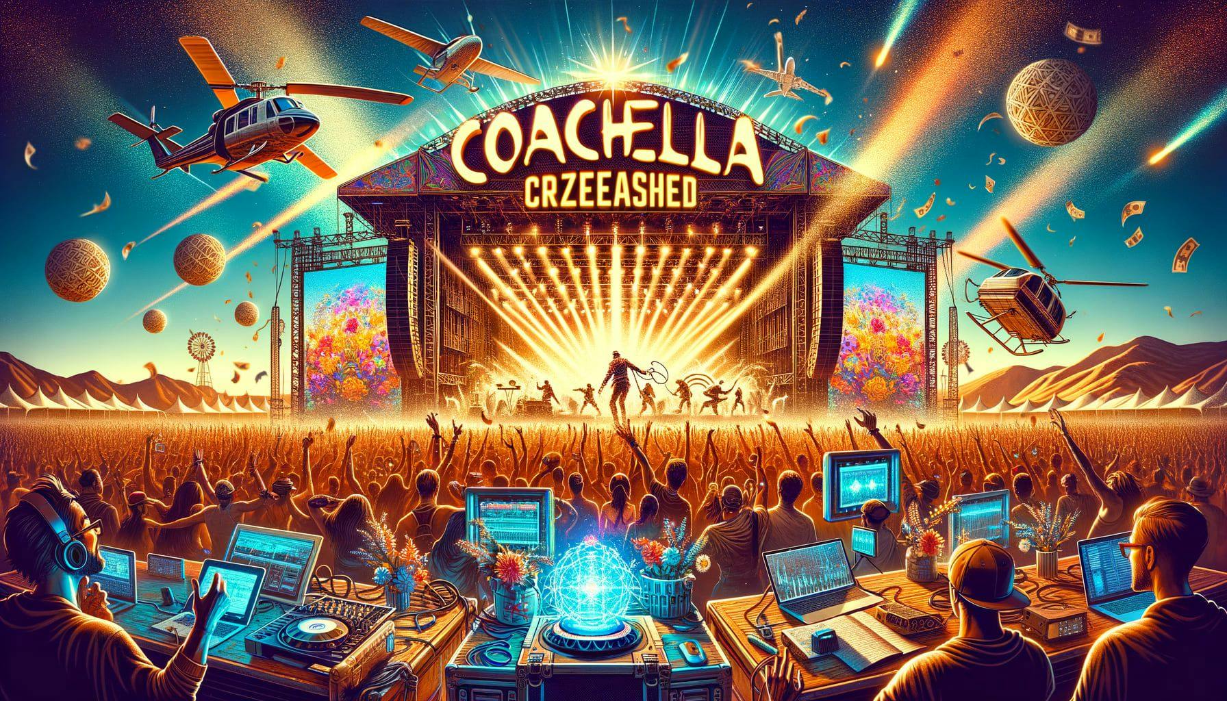 Create a dynamic image illustrating the energetic atmosphere of the famous Coachella music festival. It should depict scenes of exciting performances, shocked audiences and technical setups, with a surprise guest walking onto the stage, bringing a feeling of anticipation. Also incorporate elements that give a sense of virtual reality, adding an additional layer of modernity and tech-forward approach. The stage lights, festival crowd, music gear and swirling dust all catch the afternoon sun in high contrast. The image should be in a 16:9 ratio and have 1792 pixels, and overlay the headline 'CoachellaCrazeUnleashed' across the top in bold vibrant colors.