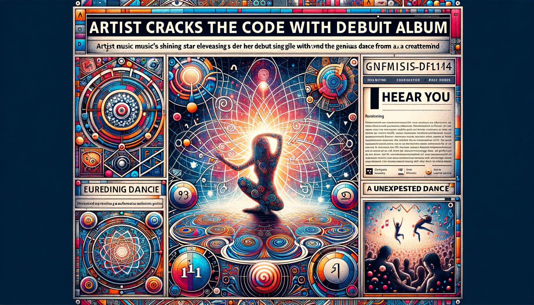 A detailed artwork inspired by electronic music for an imaginary article. The main headline, 'Artist Cracks the Code with Debut Album,' appears in bold text across the top. Below, a description reads, 'Electronic music's shining star releases her debut album "I Hear You" featuring the genius single "1+1=11" and an unexpected dance from a creative mastermind.' Visual elements include representations of electronic music symbols, an album cover titled 'I Hear You', and hints of a dance performance. All presented in a 16:9 ratio with 1792 pixels width.