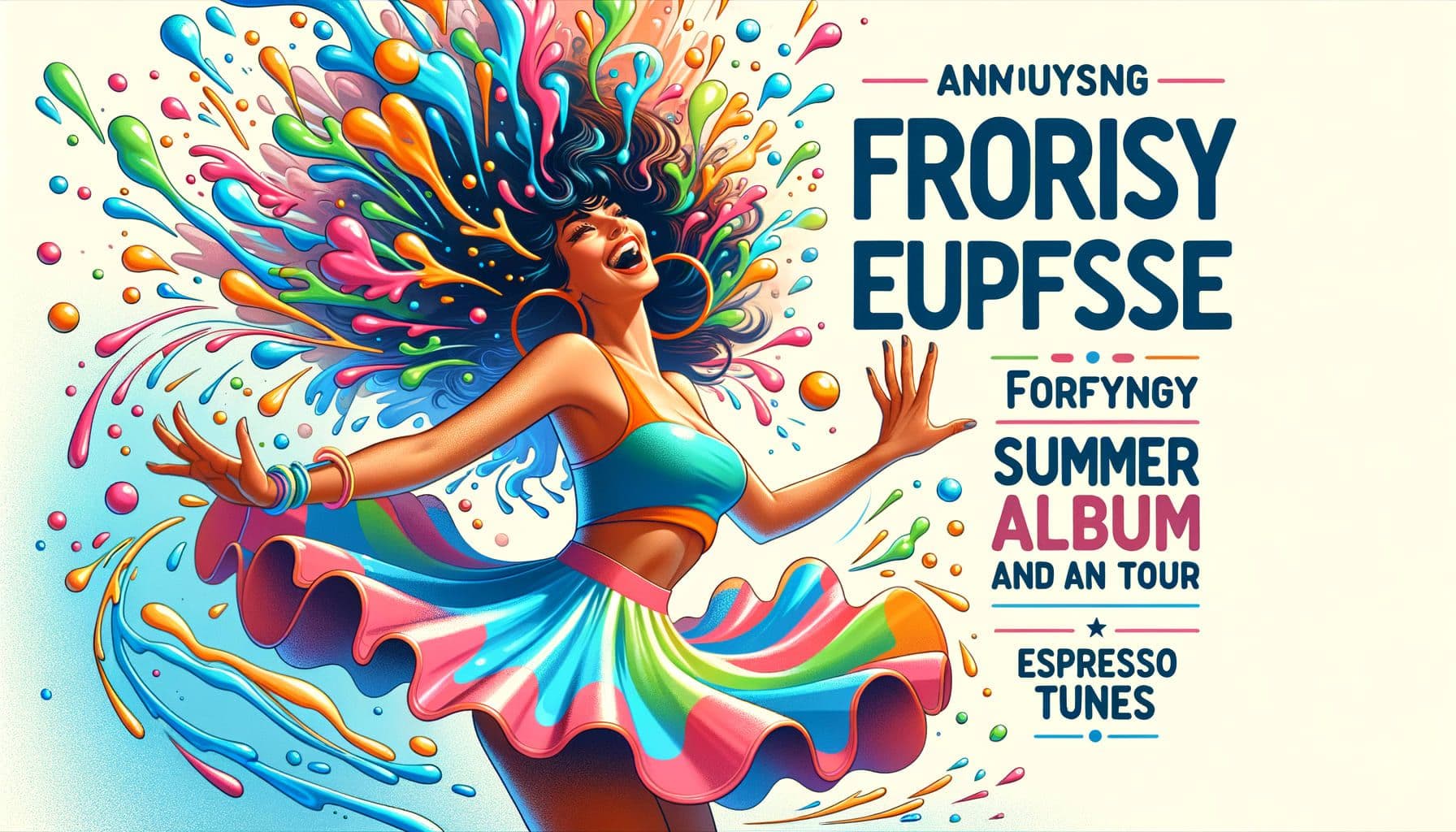 An image for an article featuring a popular female pop singer announcing a frothy new summer album and a North American tour. The singer is twirling in a burst of summer colors, expressing excitement against the backdrop of espresso tunes. The desired ratio is 16:9 and should have a resolution of 1792 pixels.