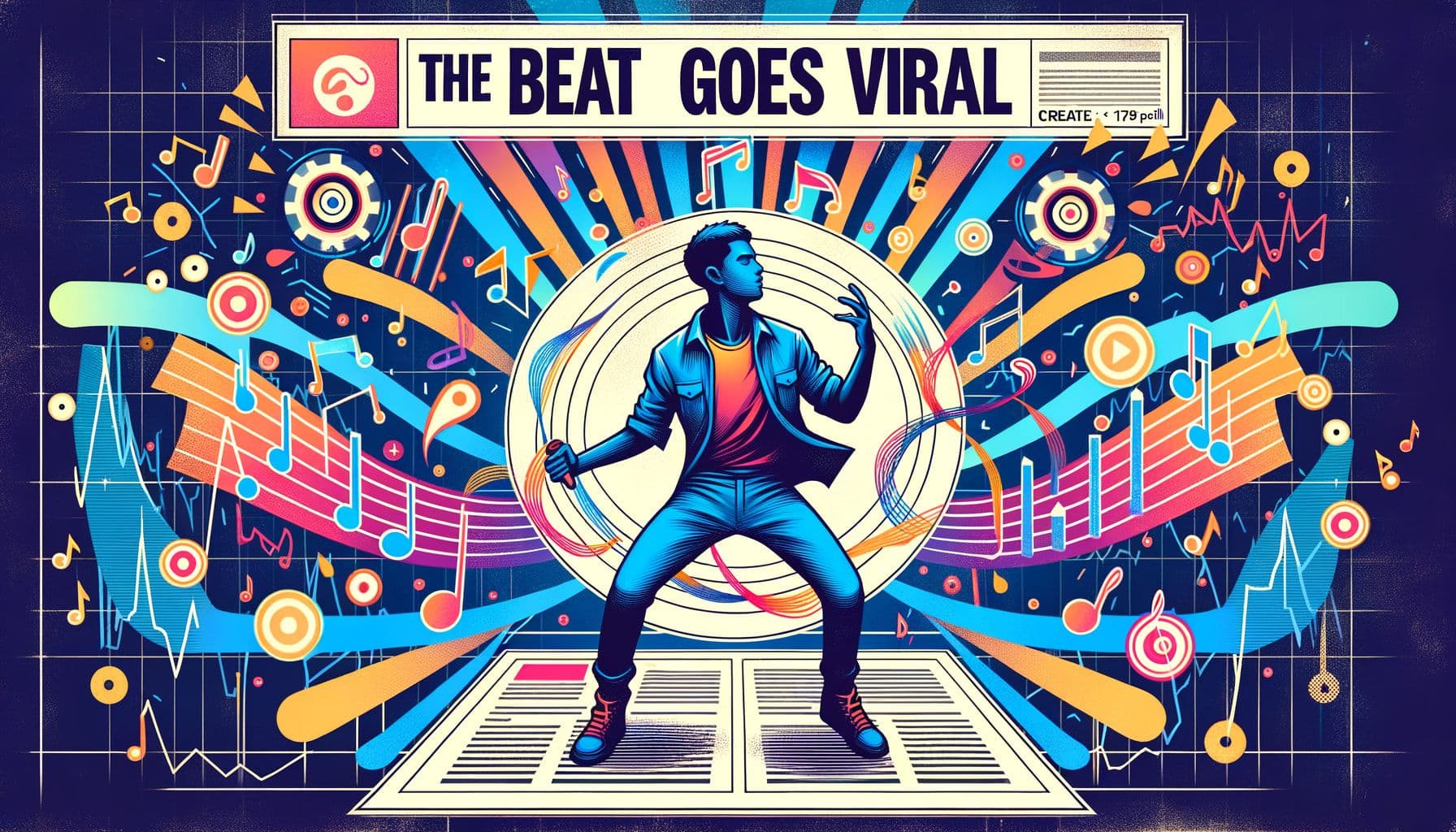 Visualize an article titled 'The Beat Goes Viral' which explores how an unidentified male hip hop musician is making waves in the music charts. Create the image in a 16:9 ratio with 1792 pixels. The musician is depicted energetically performing on stage, surrounded by vibrant music motifs and chart graphics to emphasise the viral success of his music.