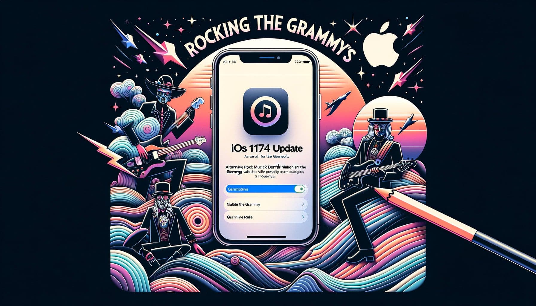 Create an image banner for an article about alternative rock music's domination at the 2024 Grammys, intertwined with the theme of 'Apple's iOS 17.4 update'. The title for this image is 'RockingTheGrammys_AppleUpdates'. The image should adhere to a 16:9 aspect ratio and have a resolution of 1792 pixels.