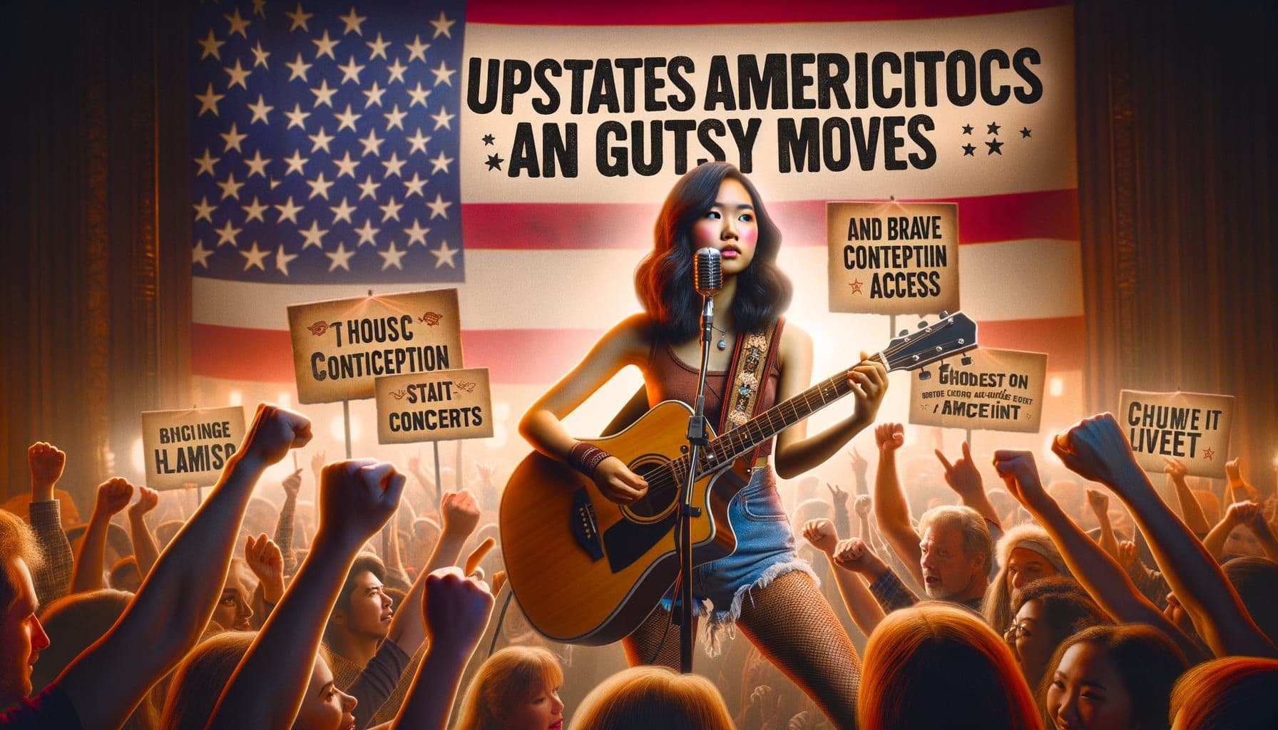 Create an image for an article titled 'Upstages American Politics with Gutsy Moves' with description: 'A young, talented female artist shocks and awes with her captivating tour, groundbreaking music ventures, and a brave stance on contraception access at her concerts.' This should be in a 16:9 ratio with 1792 pixels. The image should show a young Asian-American female artist performing with a guitar on stage hosting an energetic crowd. She has a determined look on her face, symbolizing her strong stance on contraception access at concerts. It should also hint at the artist's new music ventures, perhaps by featuring music notes or the cover of a new album in the background.