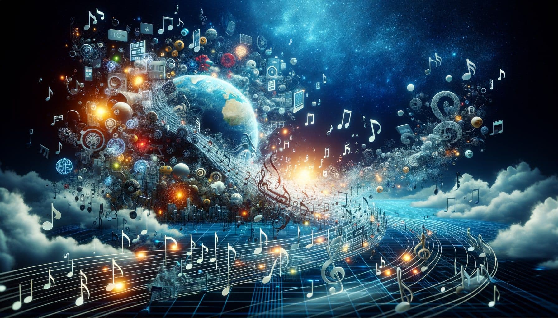 Create an image destined for a Classical music article titled 'A River of Sound: Classical Music's Seamless Blend With Innovative Tech'. The image should represent the harmonious merging of classical music and innovative technology. Imagine the visual elements include musical notes flowing like a river into various digital and tech symbols, perhaps interconnected globe to symbolise the bridging of the digital divide across nations. The backdrop should be designed to aesthetically signify battle of music streaming platforms in a subtle way. The size should fit a 16:9 ratio with 1792 pixels.