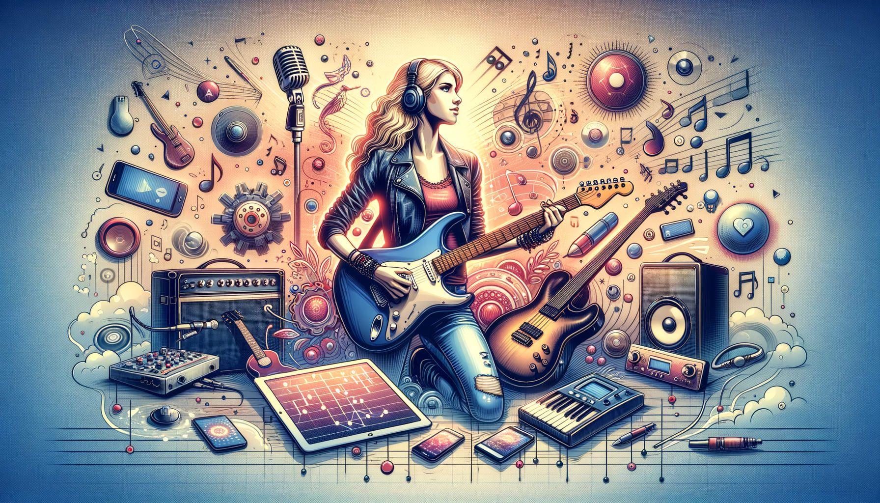 An image for an article with the title: 'The Melody of Tech and Talent in Today's Pop Scene'. The image reflects the intersection of technology, talent, and ambition in the world of pop music. The presence of a young, ambitious female rockstar with blonde hair, holding a guitar, represents the drive and talent in the pop scene, while different musical gadgets and instruments imply the role of technology. Picture in 16:9 ratio with 1792 pixels.