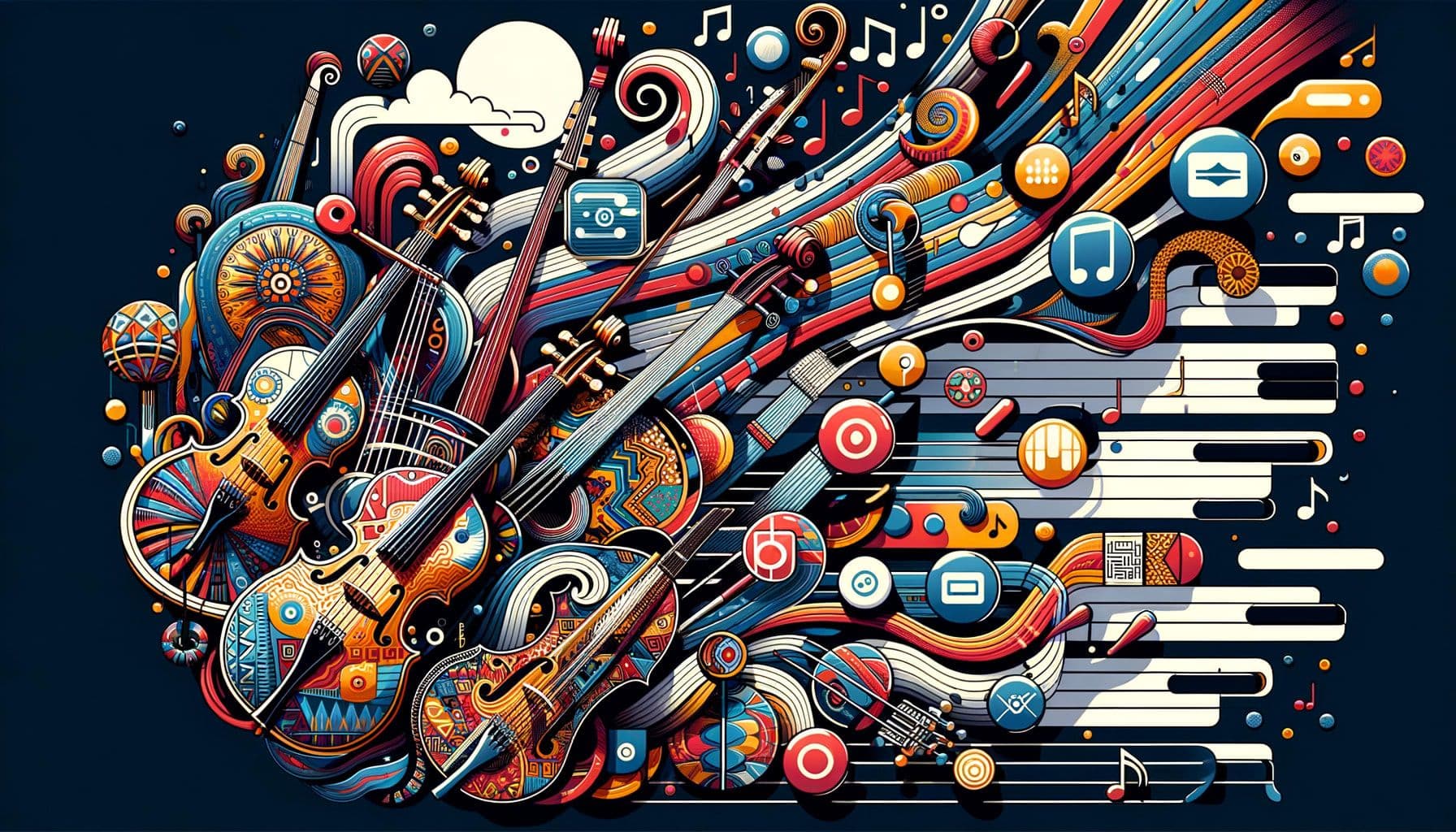 An illustration for a Jazz Music article named 'Strings, Streams, and Standards The Melodic Convergence of Technology and Jazz'. The image should show the convergence of traditional African musical elements, represented by various stringed instruments and ethnic patterns, flowing into modern digital elements, represented by symbols of VR games, streaming services, and music album icons. The image should explore the intersection of jazz music with its African roots and the digital age, creating a blend of traditional and modern. The aesthetic should be inspired by the spirit of jazz - vibrant, spontaneous, and expressive. Dimensions: 16:9 ratio, 1792 pixels wide.