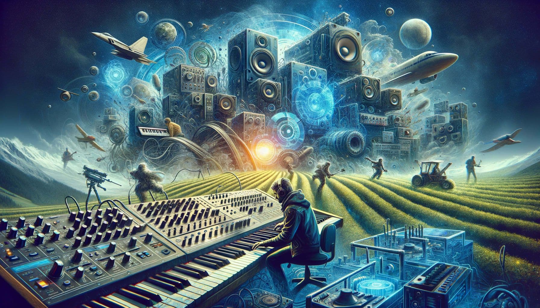 Generate an image for an article on electronic music. The image should capture the essence of the article titled 'Synths Strikes and Sonic Farms: How Electronic Music Is Reshaping Entertainment'. The image should depict the dynamic and evolving landscape of electronic music, highlighting cutting-edge digital audio workstations, video game inspired sound elements, and unique musicians turning into farmers. The image should be created in a 16:9 ratio, with a resolution of 1792 pixels.