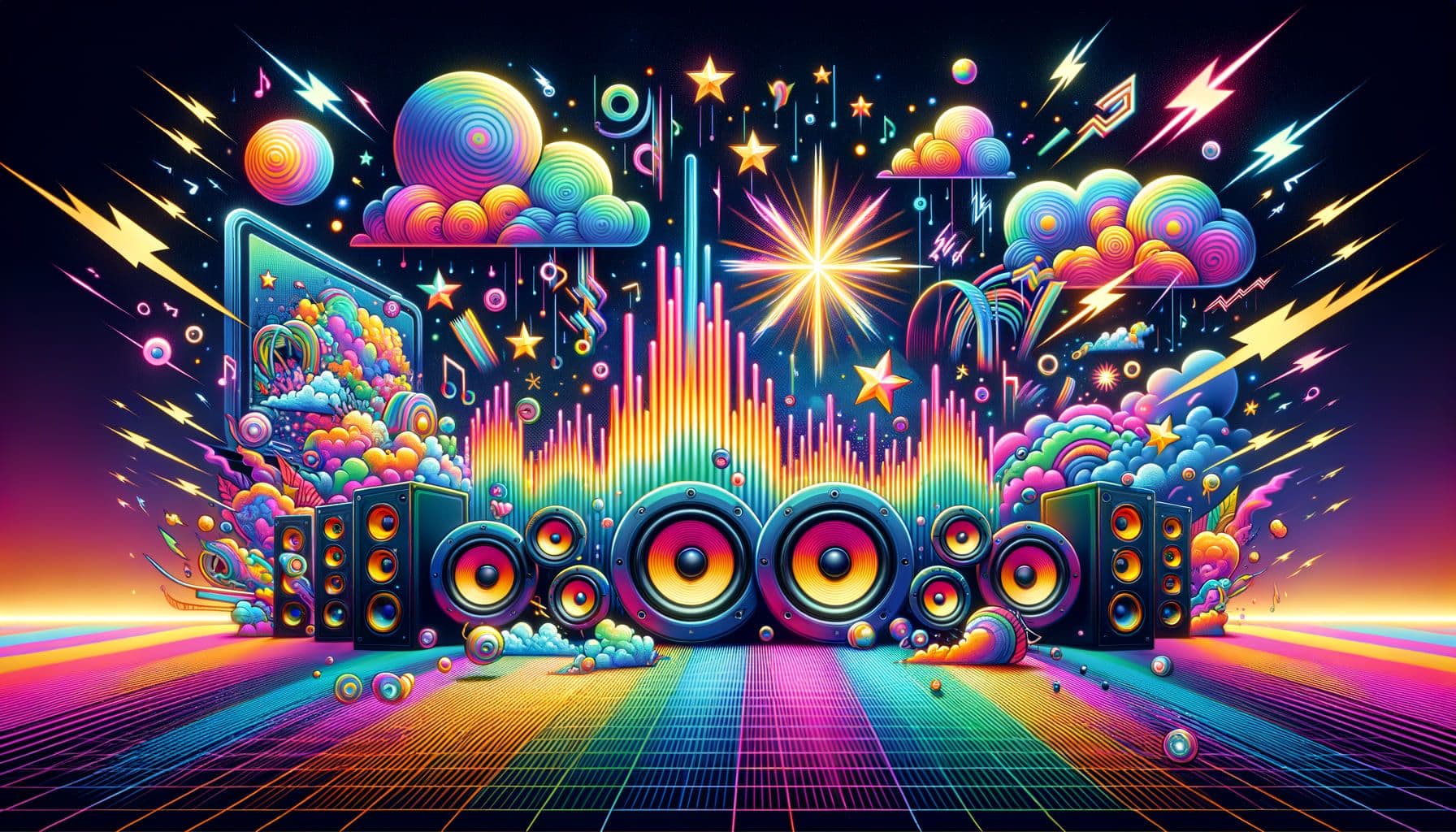 A vibrant, energetically buzzing image to capture the essence of hyperpop music scene. The image represents a scene filled with fresh beats illustrated as colorful sound waves emerging from stereo speakers. In the background, dreamy, radiant stars signify exciting debuts. On a digital billboard, an abstract representation of viral memes adds a playful dimension. At the same time, elements symbolizing controversies, such as thunderclouds with lightning, hover over the scene. Ensure prominent utilization of colors normally associated with hyperpop aesthetics, neon brights, and intense pastels. Image to be drawn in 16:9 ratio with 1792 pixels.