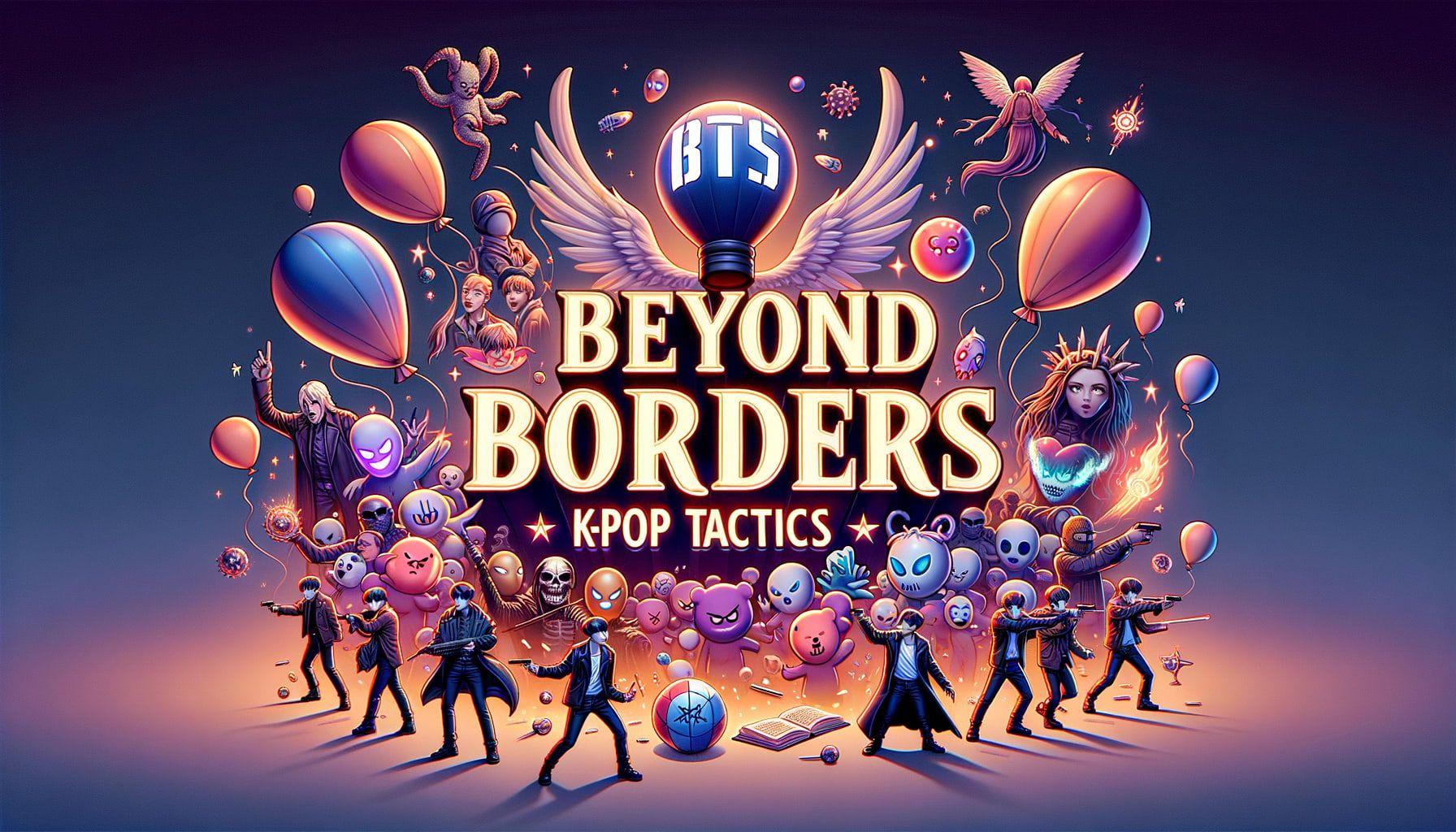 Create a 16:9 ratio, 1792 pixels image that visually represents an article for K-Pop with the title 'BeyondBordersKPopTactics'. The image should include elements such as festive balloons with BTS logos, and supernatural themed pop-ups, symbolizing the influence of K-Pop on global events. The overall tone should be vibrant and energetic, much like the atmosphere at K-Pop concerts.