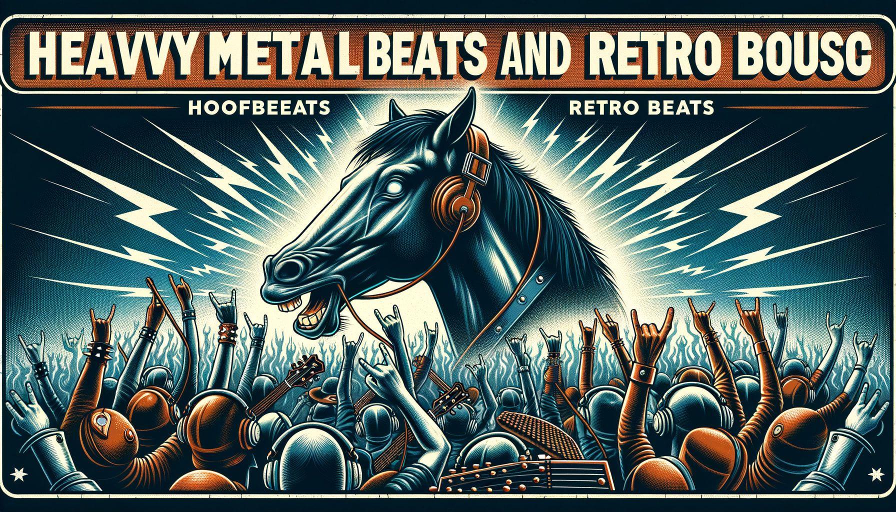 Design a cover image for a music article titled 'Heavy Metal Hoofbeats and Retro Beats' showcasing the concept of heavy metal music. Illustrate head-banging horses indicating their immersion in the music along with images of illusory musicians conveying the essence of a heavy metal supergroup. The image should be imbued with an atmosphere where metal music is the paramount and retro vibes permeate. Maintain a 16:9 ratio with a resolution of 1792 pixels.