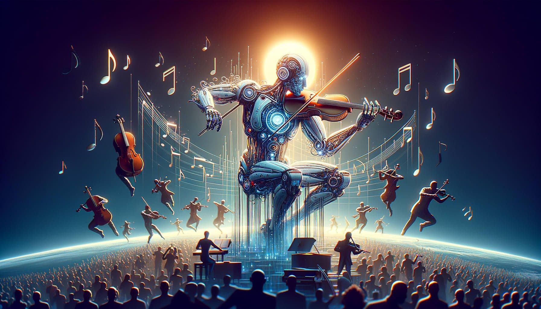 Generate an image in a 16:9 ratio with 1792 pixels for an article about AI and copyrights. The title of the article is 'The Symphony of AI and Copyrights Hitting a Crescendo' and the image should depict the concept of AI technology and the entertainment industry grappling over copyrights, symbolizing the precarious future of music and media.