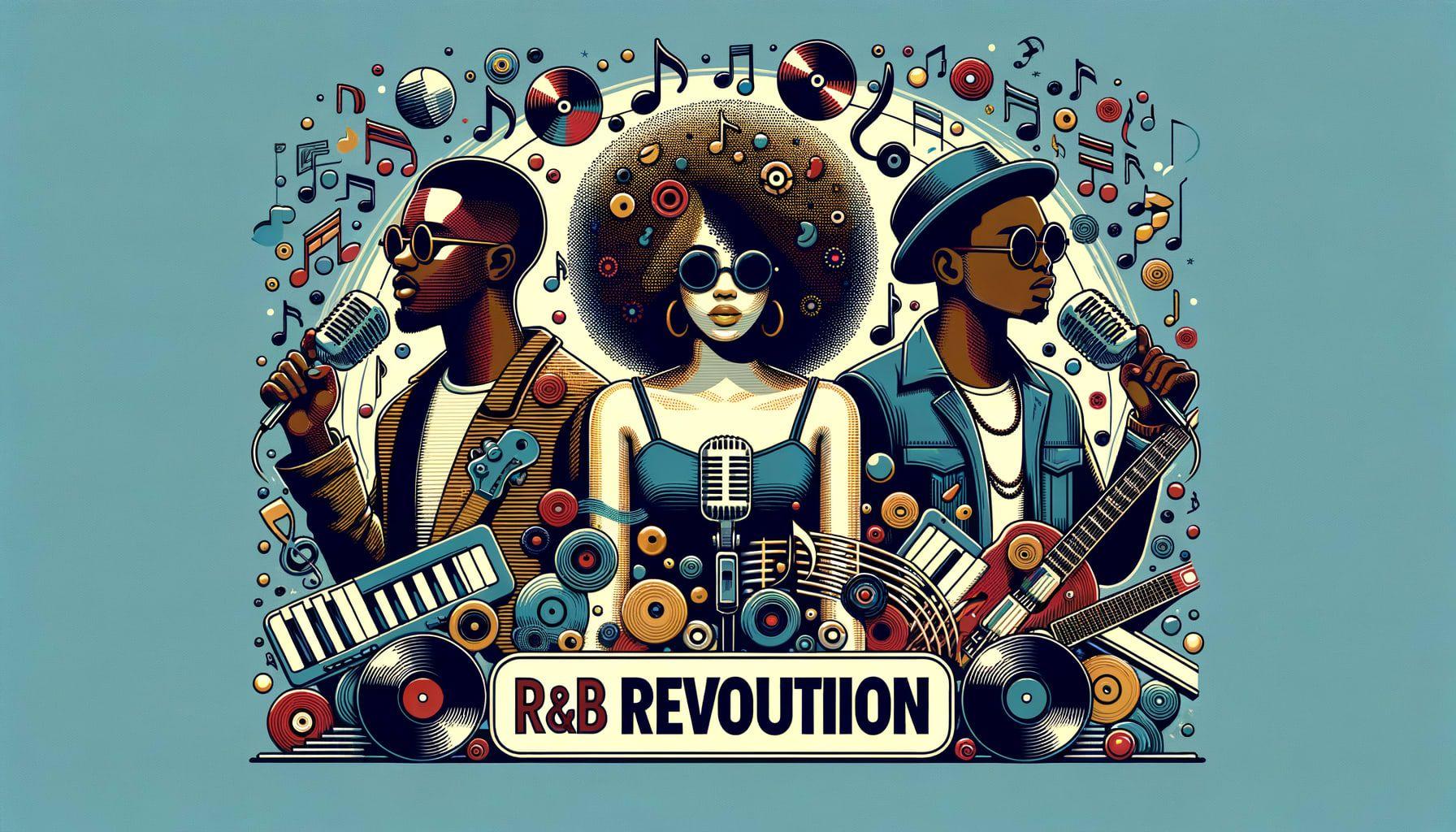 Generate an image suitable for the R&B music article titled 'RnBRevolution'. The image should symbolically depict R&B musicians without reflecting identifiable celebrities. Show three figures each of different descent and gender, representing culturally diverse and influential R&B trendsetters. Also, include elements that symbolize the genre such as microphones, musical notes, vinyl records, etc. The image should be in a 16:9 ratio with dimensions of 1792 pixels.