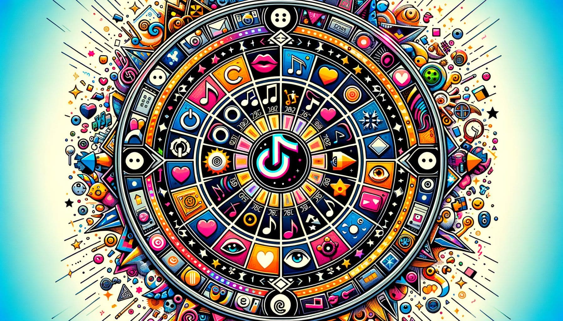 Create a 16:9 ratio image with a resolution of 1792 pixels. The image should illustrate the concept of a metaphorical 'Wheel of Music and Mischief', a kaleidoscope filled with symbols representing recent events popularized on a music platform like TikTok. Include iconic elements such as music notes, colorful graphics, cartoon icons signifying kisses, and mysterious symbols of popular culture's 'witching hour'. Ensure the image has a dynamic, energetic, and youthful vibe.