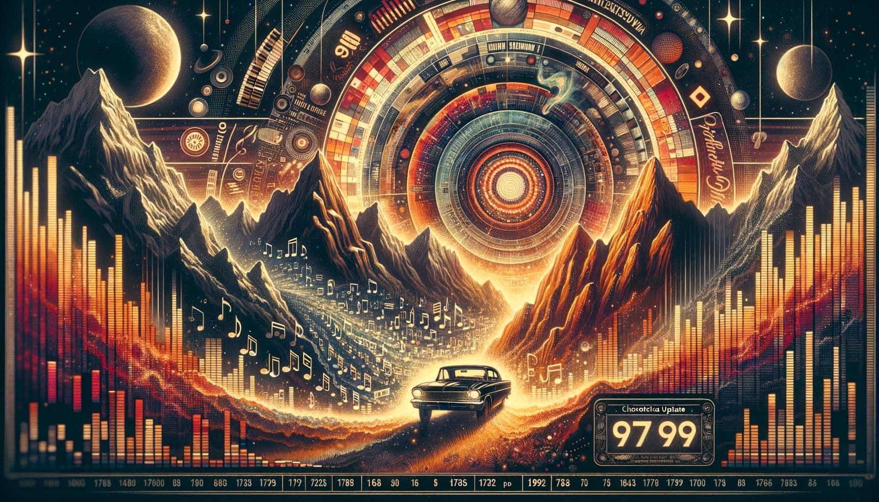 Generate an image relevant to the theme of Rock music in 16:9 ratio comprising 1792 pixels. The image should convey a historical journey of events unfolding in the world of music and entertainment. The title 'Echoes of Melodies' should be prominently displayed, along with a caption reading 'A Chronological Update of Events Unfolding In Music And Entertainment'. The style and color tones should evoke a sense of nostalgia, rhythm, and passion, embodying the spirit of rock music history.