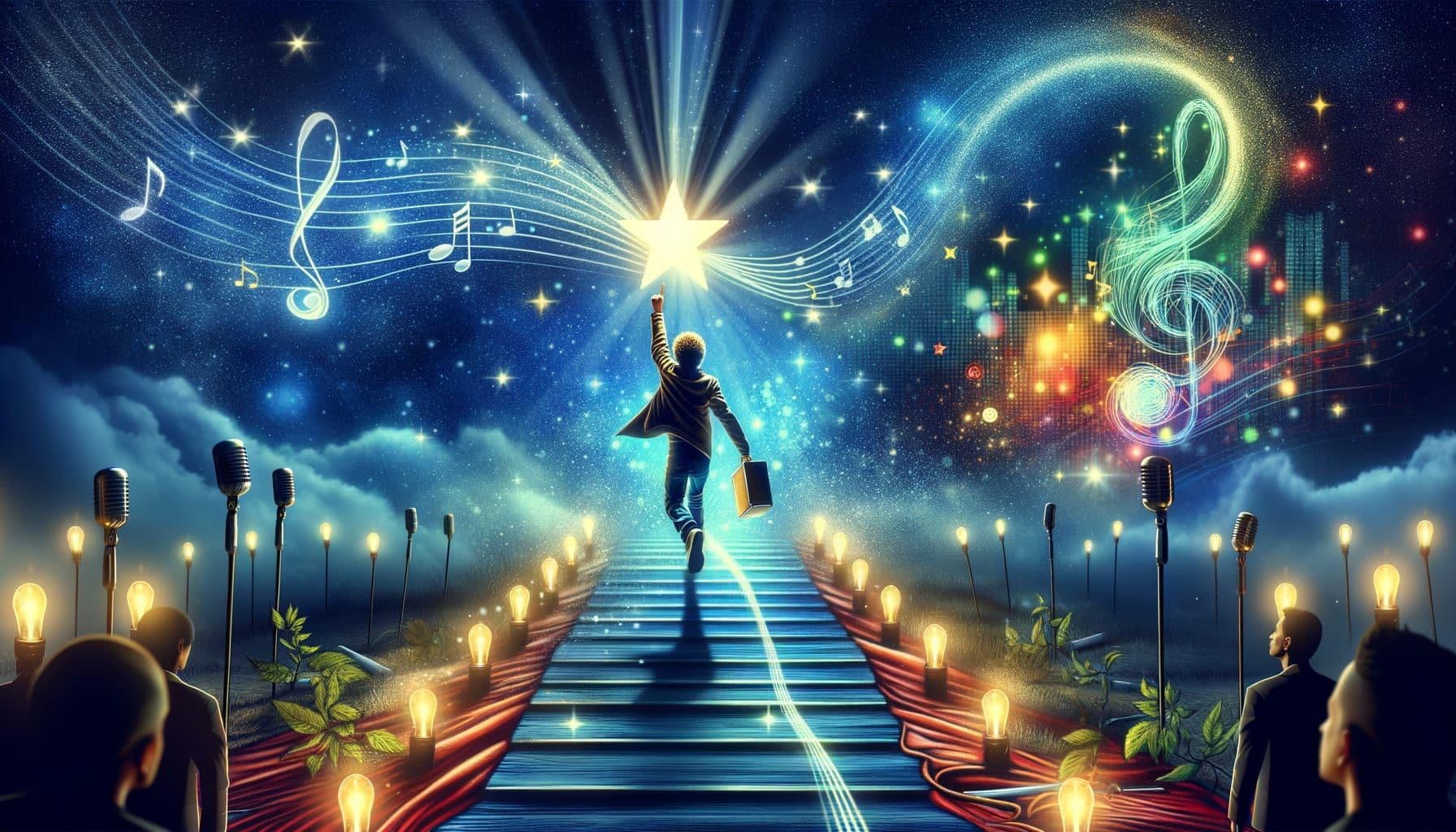 An energizing image representing the ascent of a young Hispanic male musician in the Latin music industry. He is symbolically reaching for a glowing star, signifying his quest to become a rising star. The backdrop is a lively music-related scenery displaying musical notes, a vibrant lights and a hint of mentorship. The scene also foreshadows a promising future with a path illuminating what comes next. The illustration is in a 16:9 ratio with 1792 pixels.