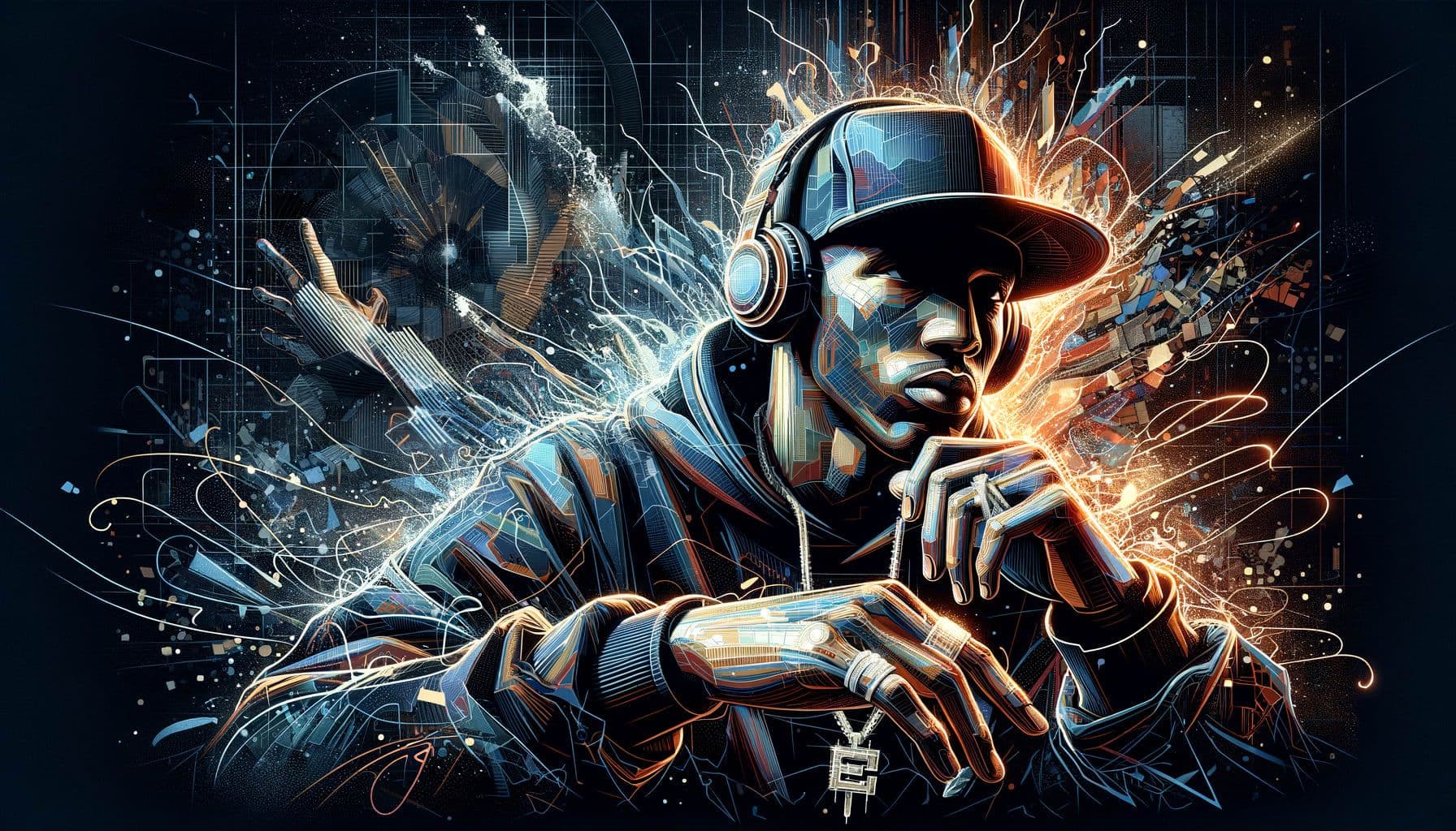 A detailed digital image representing the article titled 'Rhyme and Reason in the Rap World's Latest Drama'. The visuals portray the essence of an epic saga of lyrical battles in hip-hop culture, involving dynamic sparks of words in the form of diss tracks. In the background, a digital silhouette of an iconic rap figure is present, signifying the influence of hip-hop's past. All elements are composed using a color palette that resonates with the vibrant and gritty tones of the hip-hop scene. Image dimensions are 16:9 ratio with 1792 pixels.