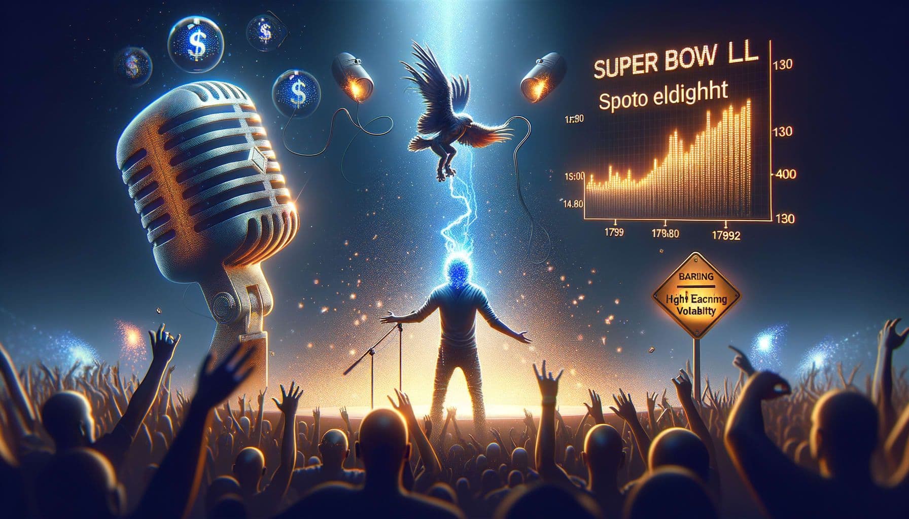 Create a 16:9 ratio image, with a resolution of 1792 pixels. The image is for an R&B music article titled 'SuperbowlSpotlightPerformer'.  The visual content should depict an anonymous male performer in the throes of an electrifying concert, specifically at an event similar to the Super Bowl. The atmosphere is buzzing with anticipation and excitement. In the backdrop, faintly visible, are symbols that hint at high earnings, volatility like a roller coaster (representing Reddit's warning), and a sparking microphone to signify the discussion about AI voice replication.