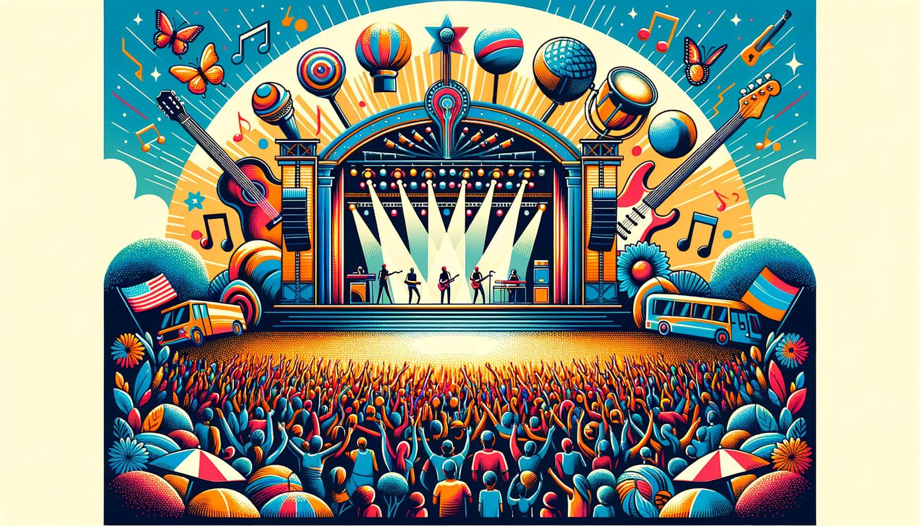 Create an image for an article titled 'Summer Melodies and Mishaps'. The image should represent the spirit of summer concerts with elements such as a colossal music tour featuring a grand outdoor stage with spotlights, enthusiastic crowds, musical instruments, and perhaps even a scene of technical transportation troubles. Use vibrant, summer-related color palettes. The image should be designed in a 16:9 ratio, having an approximate pixel size of 1792.