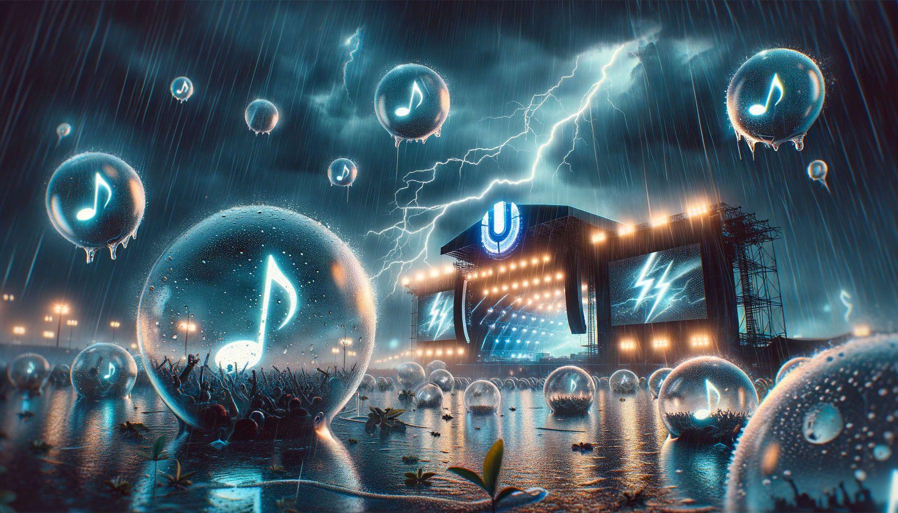 An atmospheric image representing the Ultra Music Festival in Miami, abruptly cut short due to an intense storm. Show lightning striking over the festival grounds, with strong winds sweeping the area, creating a poignant image of the silenced beats. Decorative elements like music notes encapsulated in translucent bubbles, and raindrops falling, can add a dramatic and surreal touch. Blinking lights from the stage in the distance pause, signifying the canceled major sets. The scene is set in a ratio of 16:9 and has a resolution of 1792 pixels.