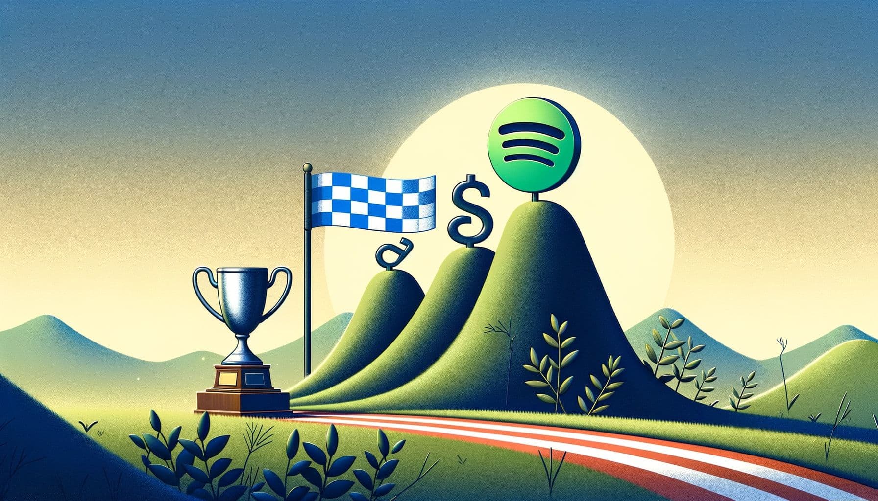 An illustrative image for an article titled 'SpotifyStrugglesAndSuccesses', capturing the concept of upcoming challenges and milestones for a music streaming platform in the digital era. The image should have a symbol of struggle, such as steep hills, and a symbol of success, such as a shiny trophy or a finish line flag, subtly illustrating the ups and downs in the journey of a digital music platform. The image is in a 16:9 ratio with a resolution of 1792 pixels.