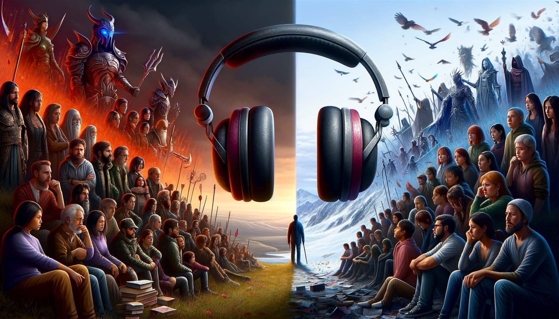 A 16:9 ratio image, 1792 pixels wide, representing a symbolic end of an era for the fans of a fantasy audiobook series, formerly supported by a giant entertainment corporation. The scene exhibits contrasting feelings, with an unfilled headphones symbol on one side   signifying the cessation of the series, while on the other side, a group of sorrowful diverse fans and creators convey their distress.