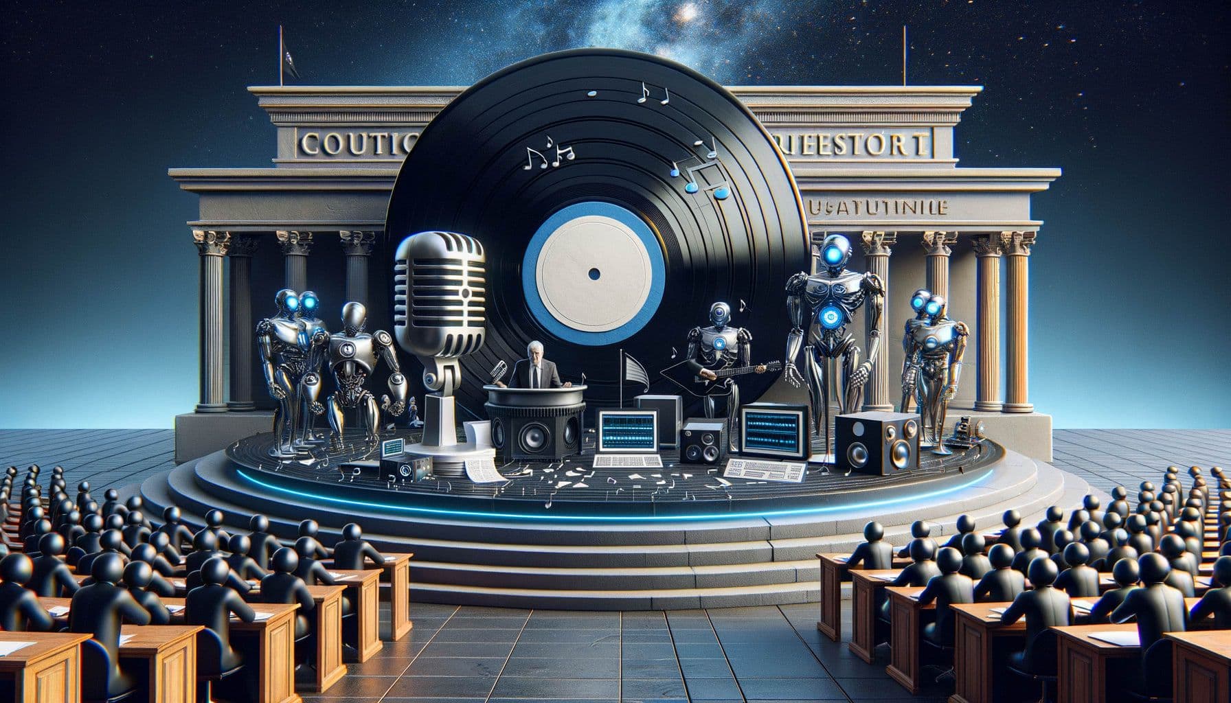 Conceptual depiction of a court scene with modern technology elements. It shows the major record labels, represented by a giant vinyl record and microphone standing as protectors of music, facing off against AI music generators, depicted as sleek, futuristic computers and robots, in a legal tug-of-war setting. This is happening in mid-battle, with a courthouse in the background. This composition reflects the ongoing clash between traditional music industries and emerging AI technologies in the field of copyright law. It is designed in a 16:9 ratio with a resolution of 1792 pixels.