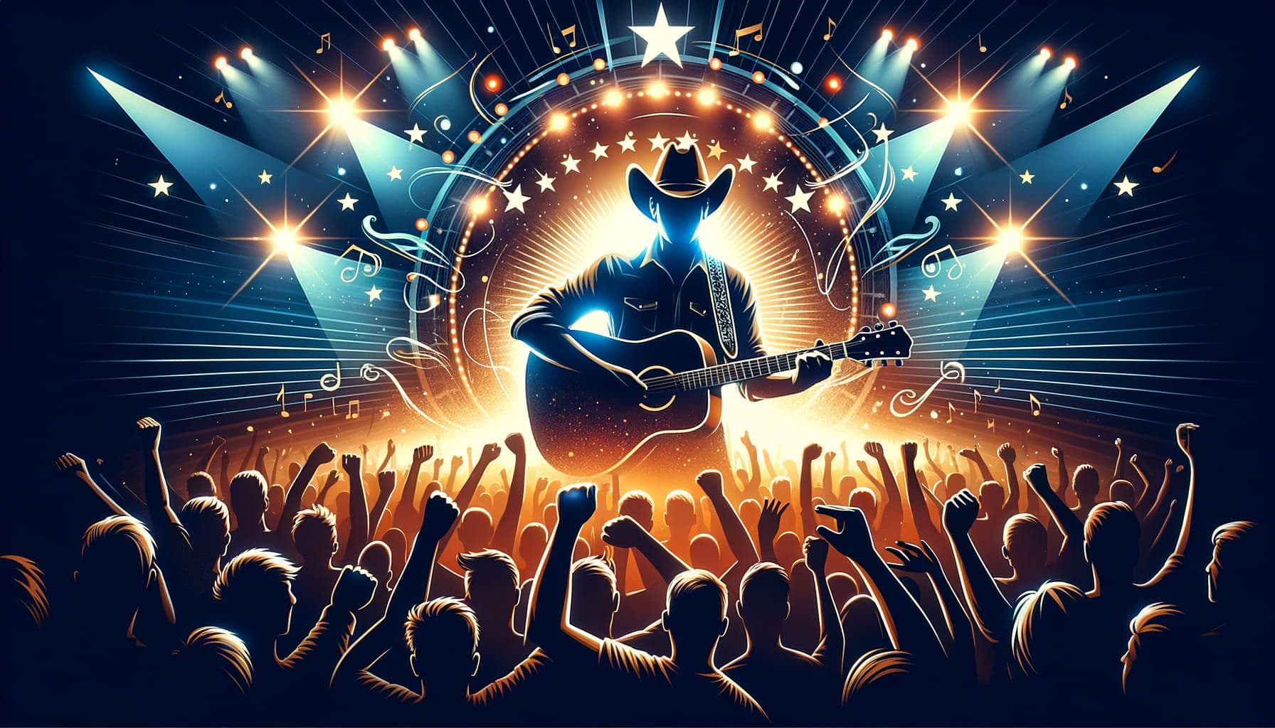 Generate a visual representation for an online article with the title 'Music Artist Storms the Charts and Hearts'. The image should depict the dynamic influences of a male country music artist within the modern music industry, symbolized by heartwarming stage moments. Central elements could include a guitar, a cowboy hat, stage lights, and cheering crowd silhouette to reflect the energy, passion and positive influence of the artist. It should communicate aspects of redefined modern masculinity and entertainment. The image should be in a 16:9 ratio with a resolution of 1792 pixels.