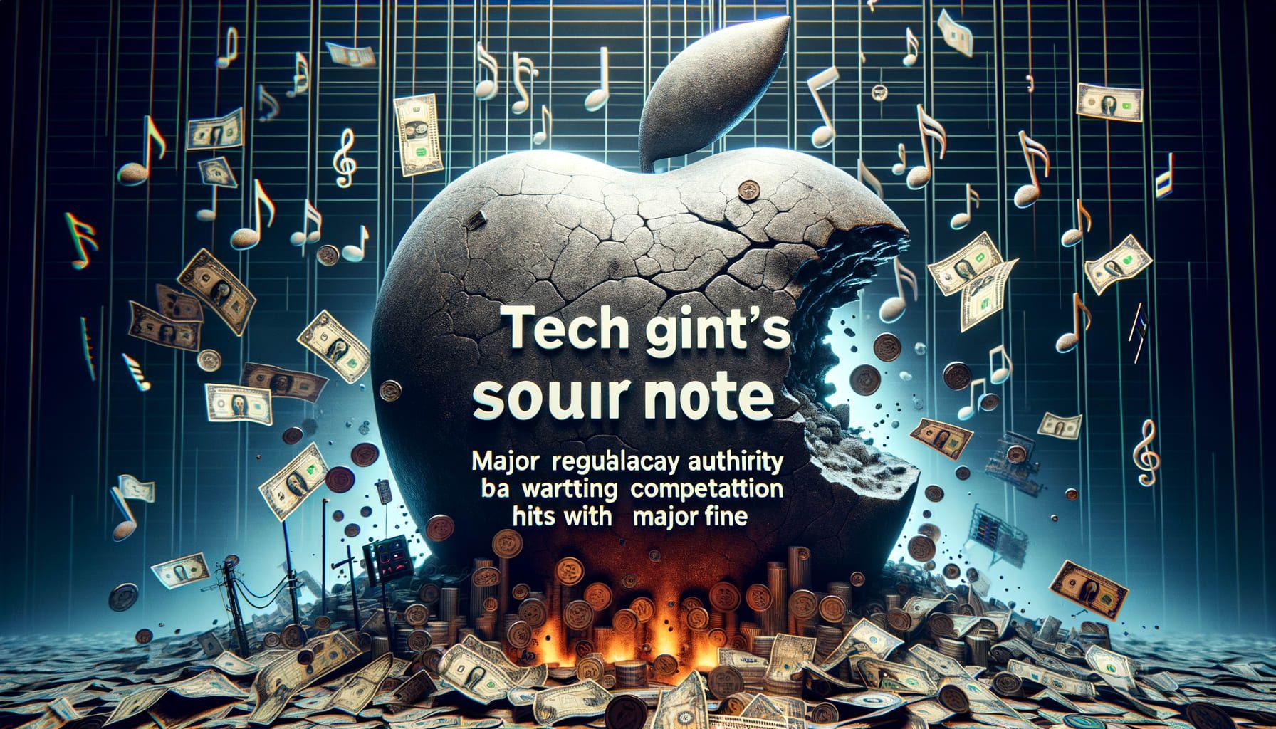 An image for an 'Alternative Music' article in a 16:9 ratio with 1792 pixels. The header of the article reads, 'Tech Giant's Sour Note: Major Regulatory Authority Hits with Major Fine'. The description states that the Tech Giant was hit with a nearly $2 billion fine by a major regulatory authority for thwarting competition in music streaming. The image should display a symbolic representation of a large tech company experiencing a 'sour note', perhaps visualized as a large, stylized, crumbling apple. In the background, various musical notes interspersed with symbols of currency, suggesting a clash between music and business interests.