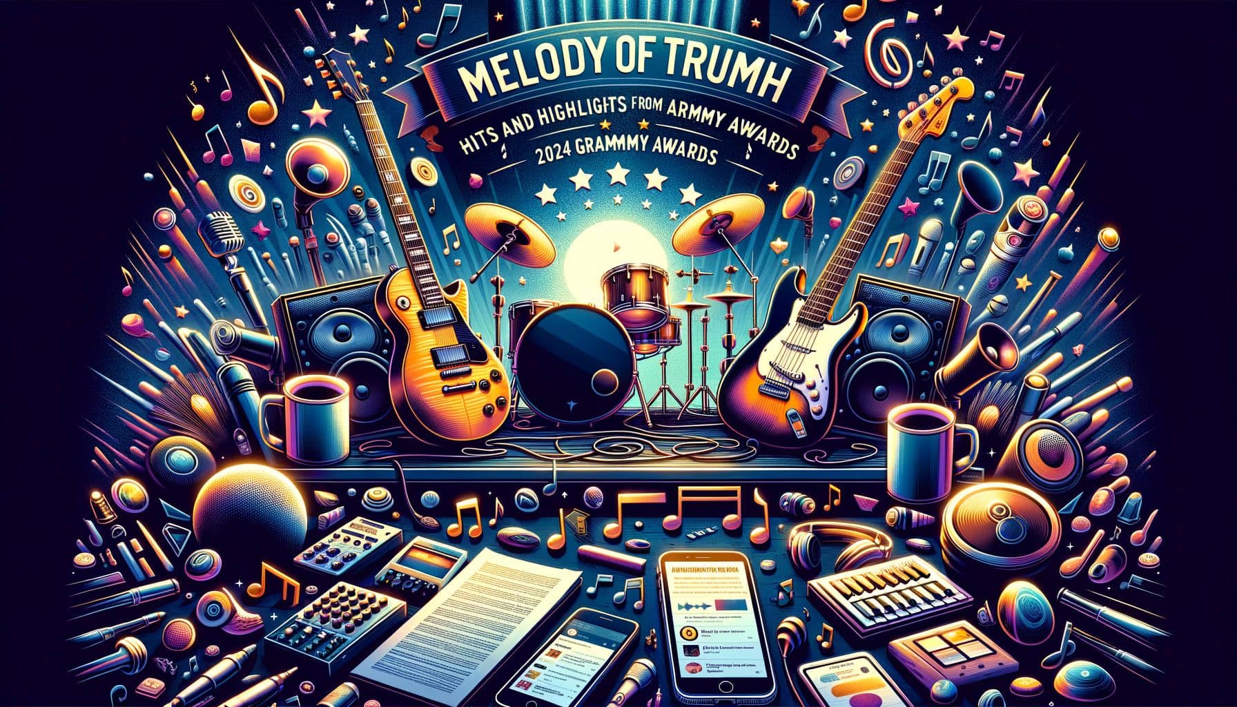 Produce an illustrative image for an Alternative rock music blog post. The title is 'Melody of Triumph: Hits and Highlights from 2024 Grammy Awards'. The image should represent the essence of the Alternative Rock genre, showcasing a backdrop filled with elements of music such as guitars, drums, music notes, and headphones. Highlight the excitement and win bolstering the genre's recognition at the 2024 Grammys. Furthermore, subtly incorporate elements to signify the latest iOS 17.4 features like updated icons or new app symbols. The image needs to adhere to a 16:9 ratio and be with 1792 pixels in resolution.